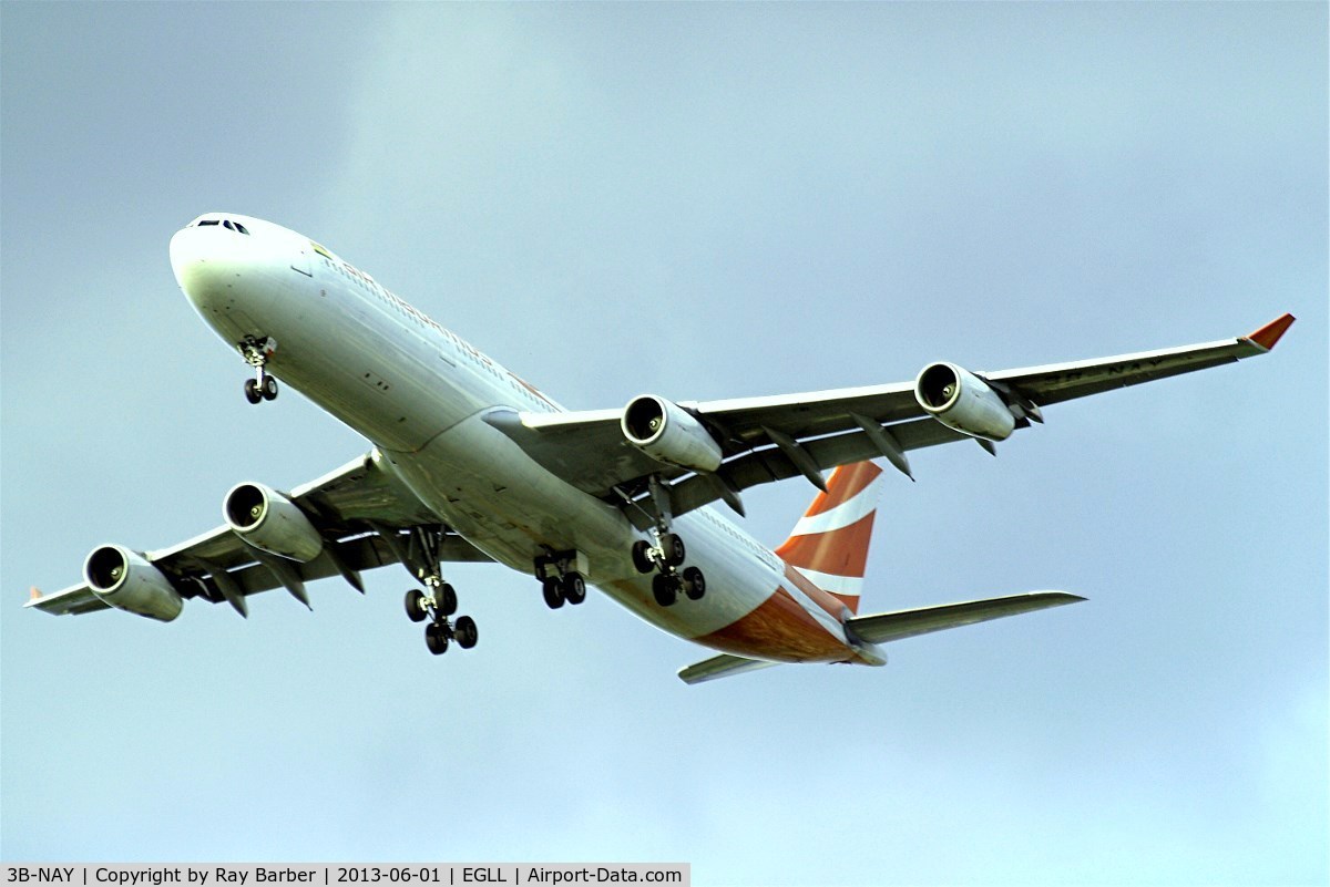 3B-NAY, 1996 Airbus A340-313 C/N 152, Airbus A340-313X [152] (Air Mauritius) Home~G 01/06/2013. On approach 27R.