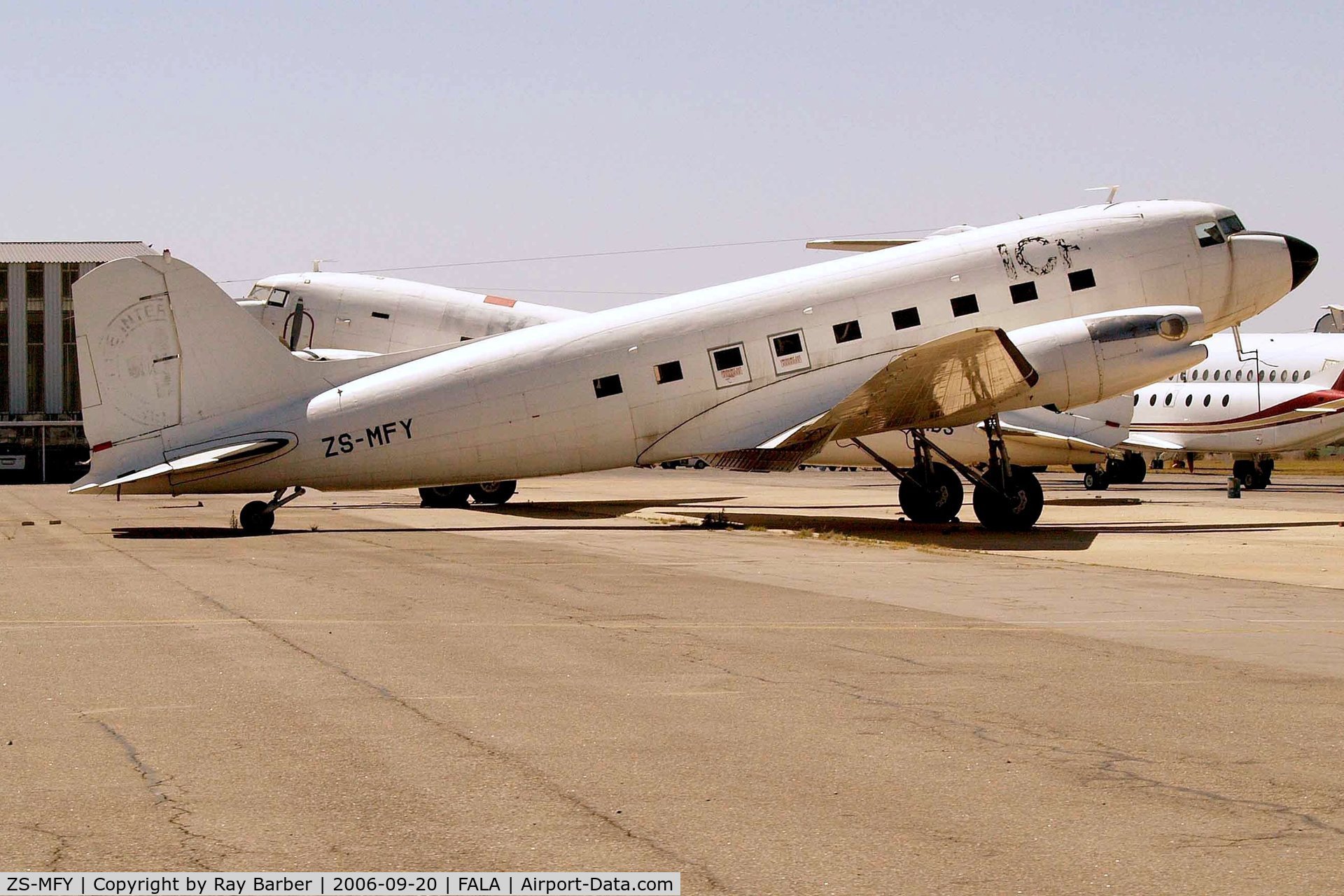 ZS-MFY, 1943 Douglas C-47A-1-DK Skytrain (DC-3-65TP) C/N 12073, Douglas DC-3C-47A-1D/DC-3-65TP [12073] (Wonderair) Lanseria~ZS 20/09/2006. Was used by the International Red Cross some marks can still be seen on paintwork.