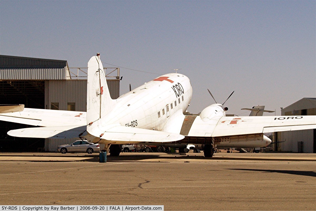 5Y-RDS, 1945 Douglas DC-3C Turbo C/N 27085, 5Y-RDS   DouglasDC-3 C-47B-15-DK (DC-3-65TP) [15640/27085] Lanseria~ZS 20/09/2006. Was used by the International Red Cross some marks can still be seen on paintwork.