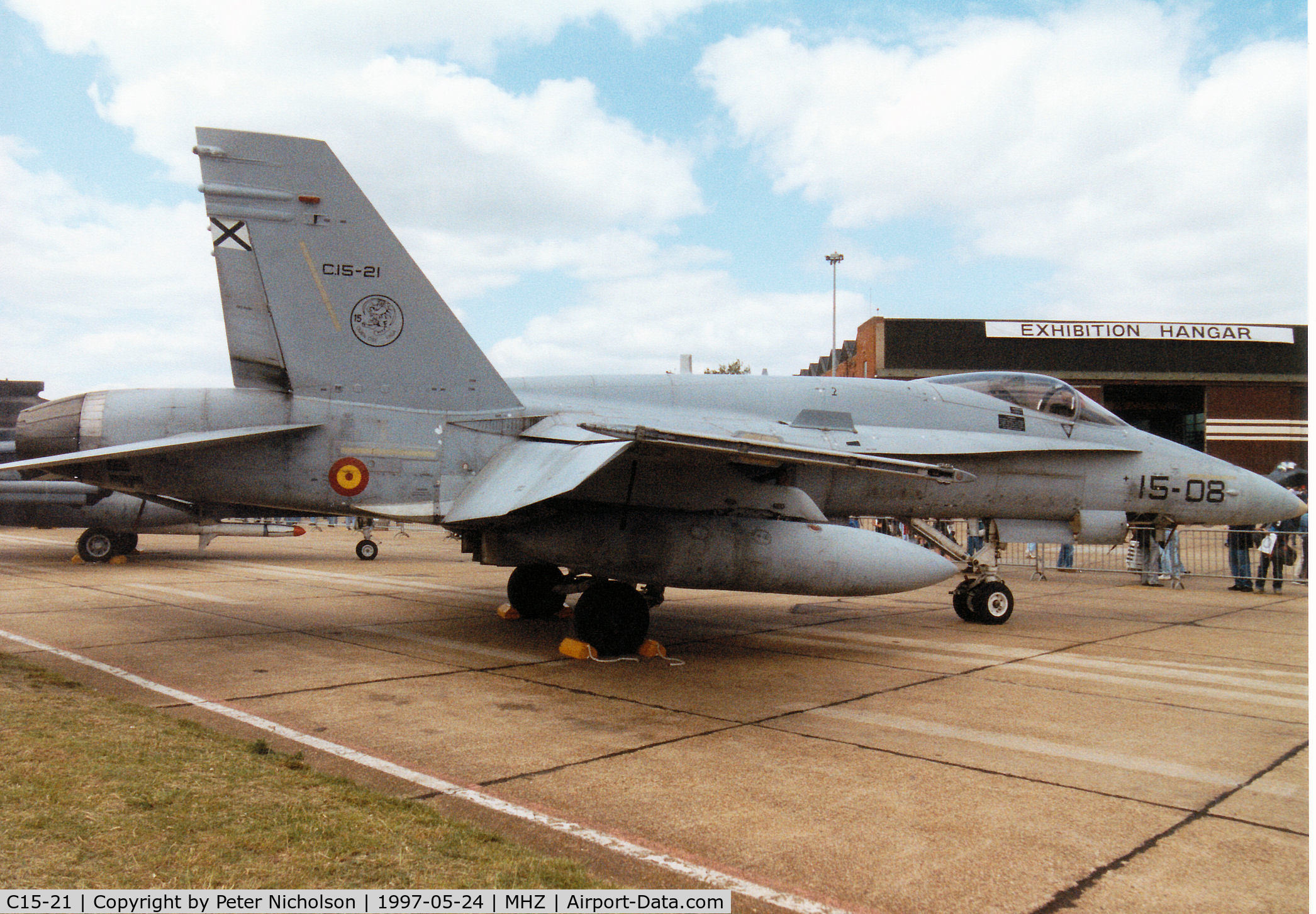 C15-21, McDonnell Douglas EF-18A Hornet C/N 0565/A472, EF-18A Hornet, callsign AME 1505, of the Spanish Air Force's Ala 15 on display at the 1997 RAF Mildenhall Air Fete.