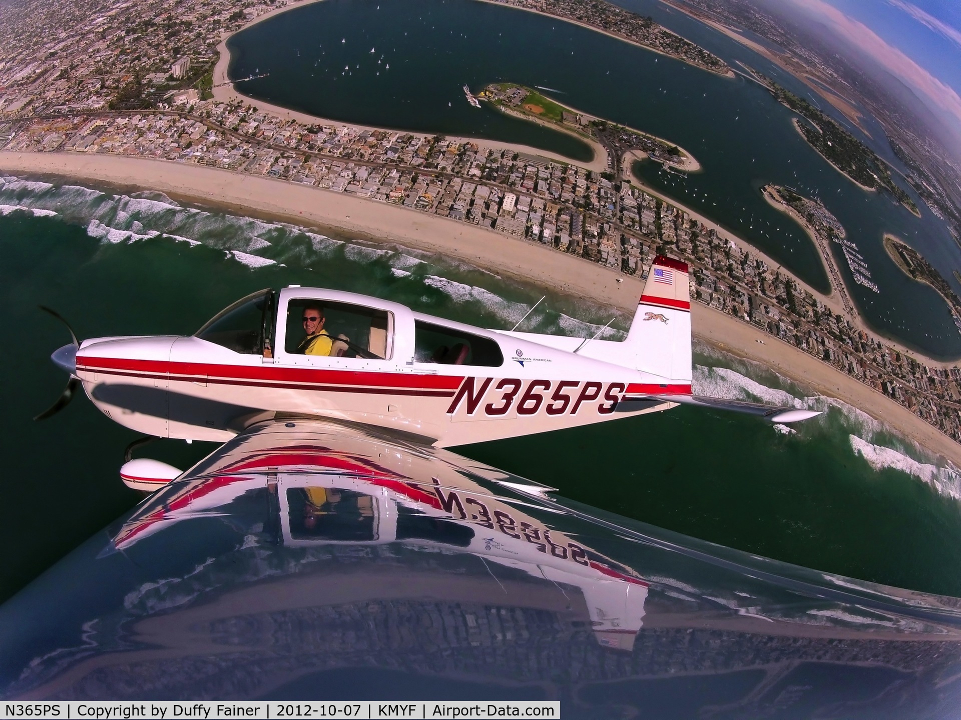 N365PS, 1978 Grumman American AA-5A Cheetah C/N AA5A0552, Over the Pacific Ocean, near Crystal Pier, with Mission Bay in the background, San Diego, CA,