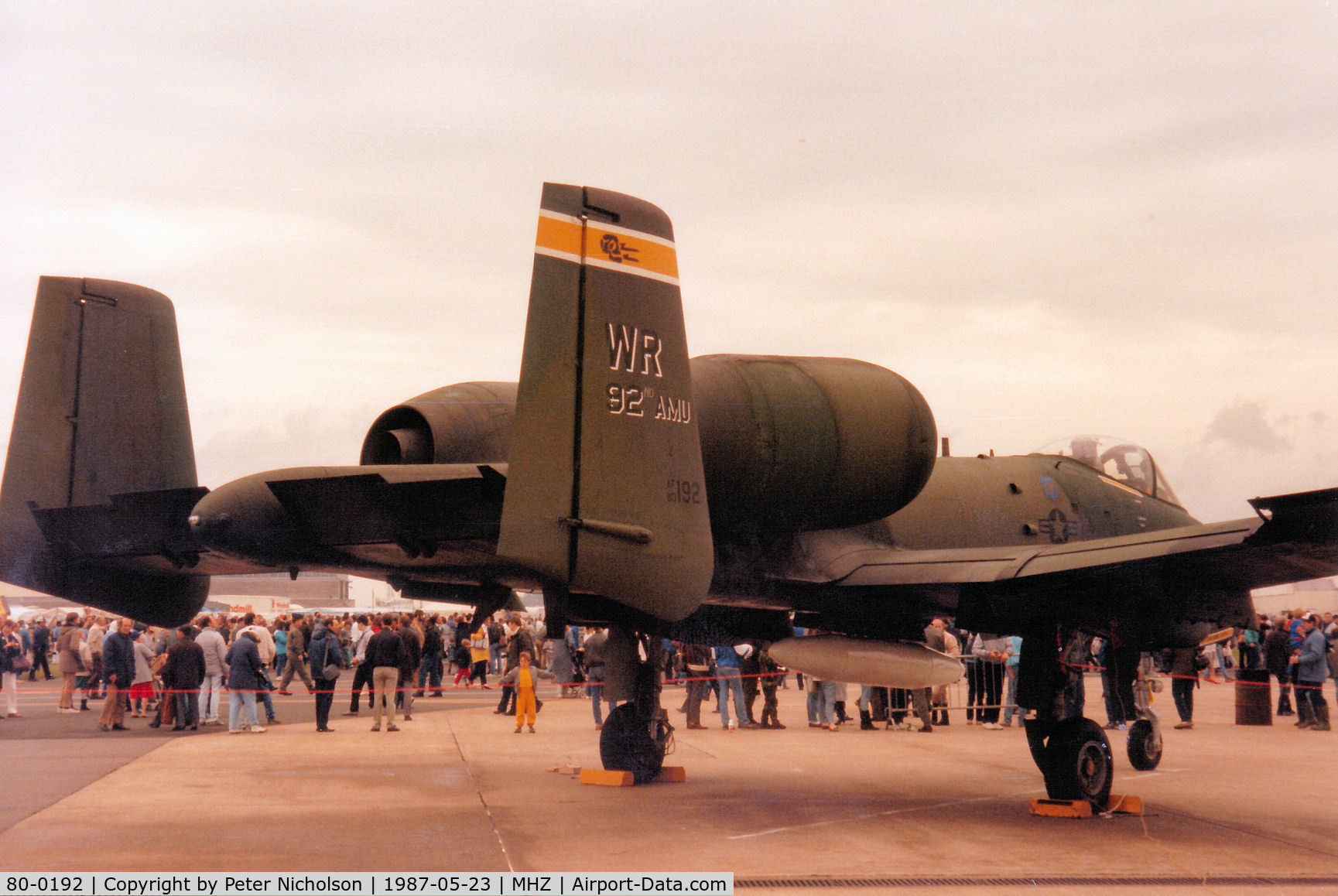 80-0192, 1980 Fairchild Republic A-10A Thunderbolt II C/N A10-0542, A-10A Thunderbolt II of 92nd Tactical Fighter Squadron/81st Tactical Fighter Wing on display at the 1987 RAF Mildenhall Air Fete.