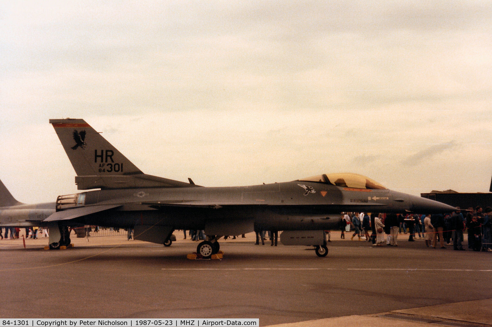 84-1301, 1984 General Dynamics F-16C Fighting Falcon C/N 5C-138, F-16C Fighting Falcon of 313rd Tactical Fighter Squadron/50th Tactical Fighter Wing based at Hahn on display at the 1987 RAF Mildenhall Air Fete.