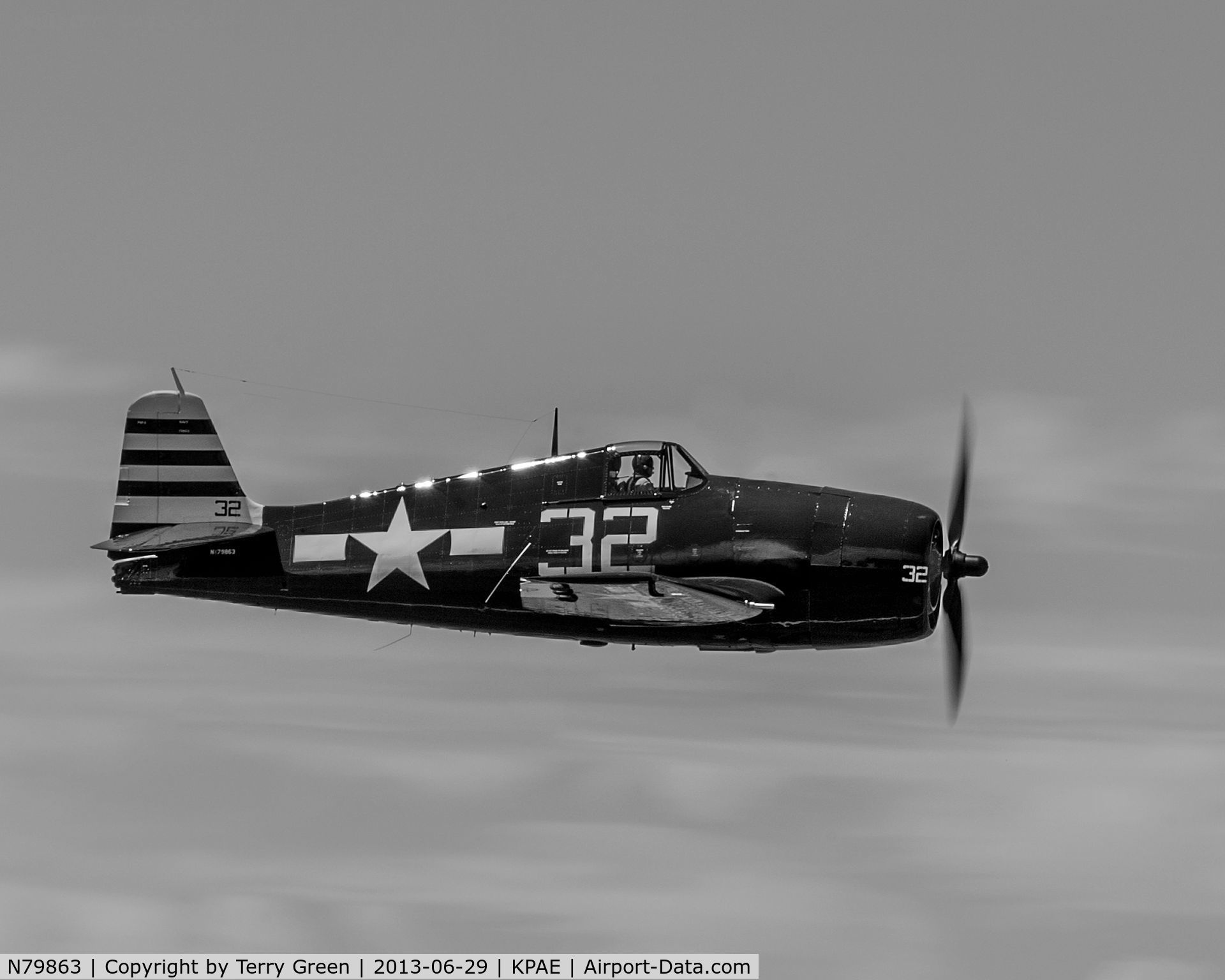 N79863, 1945 Grumman F6F-5 Hellcat C/N A-11008, Fly By on 34L @ KPAE Black & White
