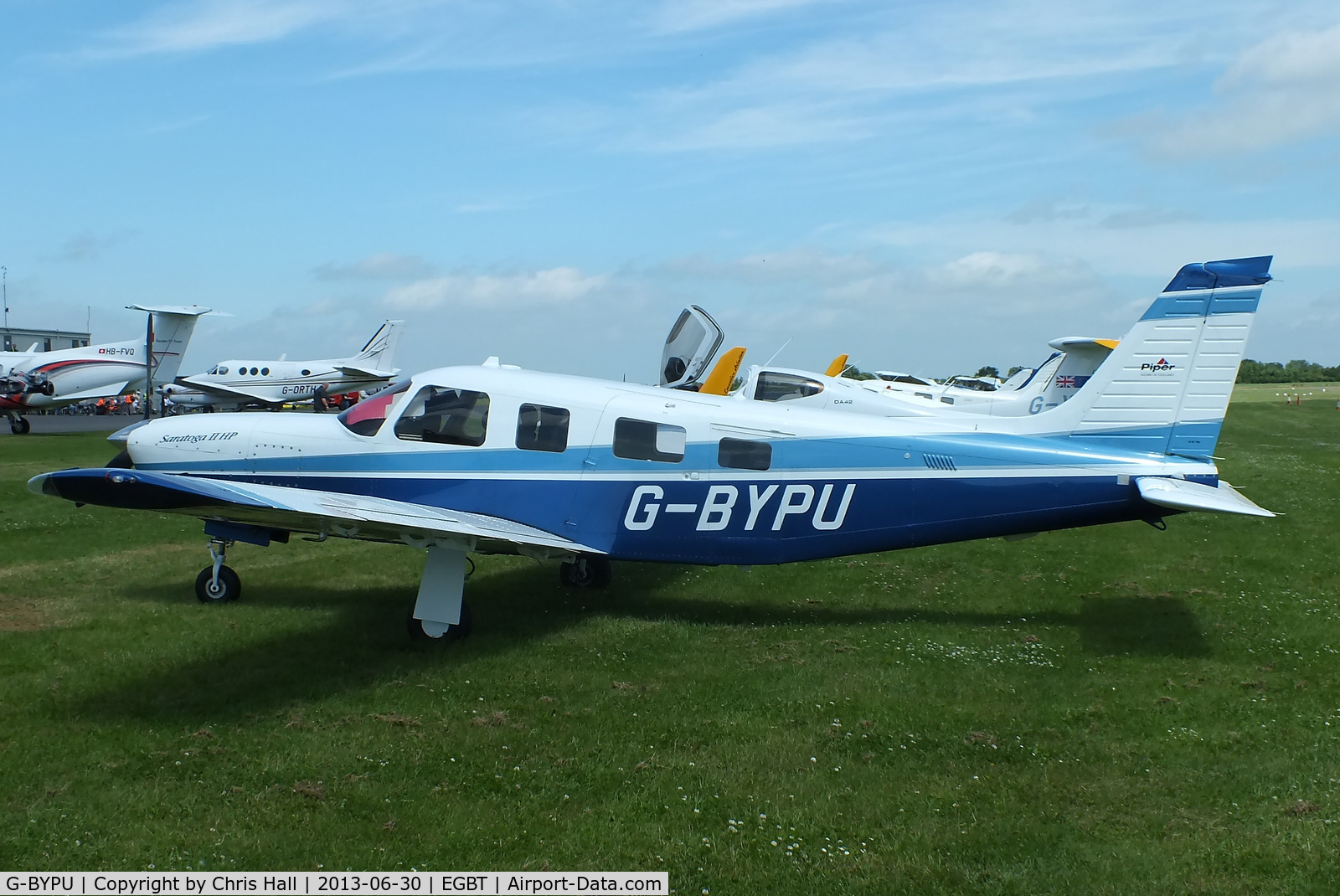 G-BYPU, 1999 Piper PA-32R-301 Saratoga SP C/N 3246150, Visitor at Turweston for the British F1 Grand Prix at Silverstone