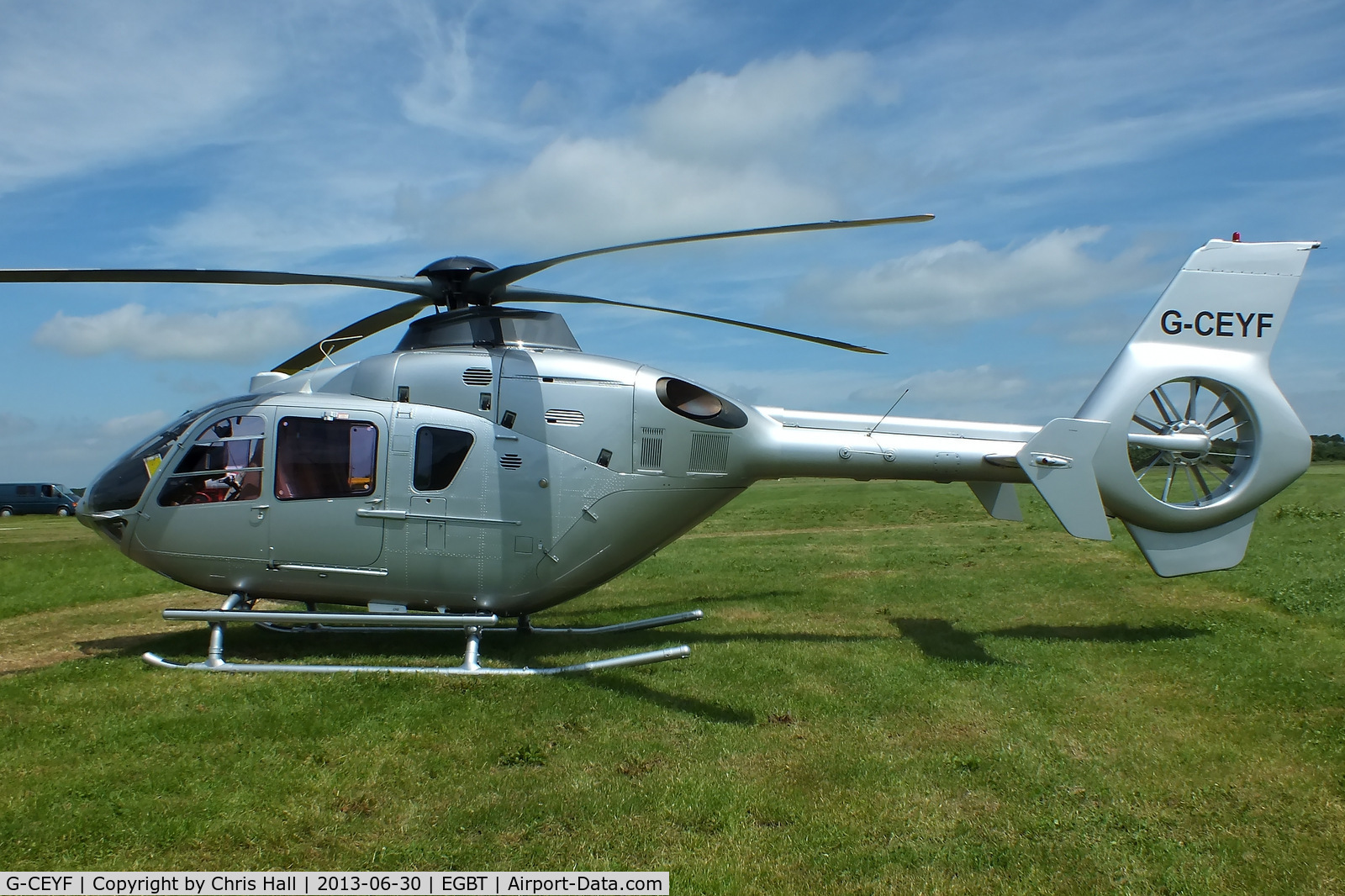 G-CEYF, 1999 Eurocopter EC-135T-1 C/N 0115, being used for ferrying race fans to the British F1 Grand Prix at Silverstone
