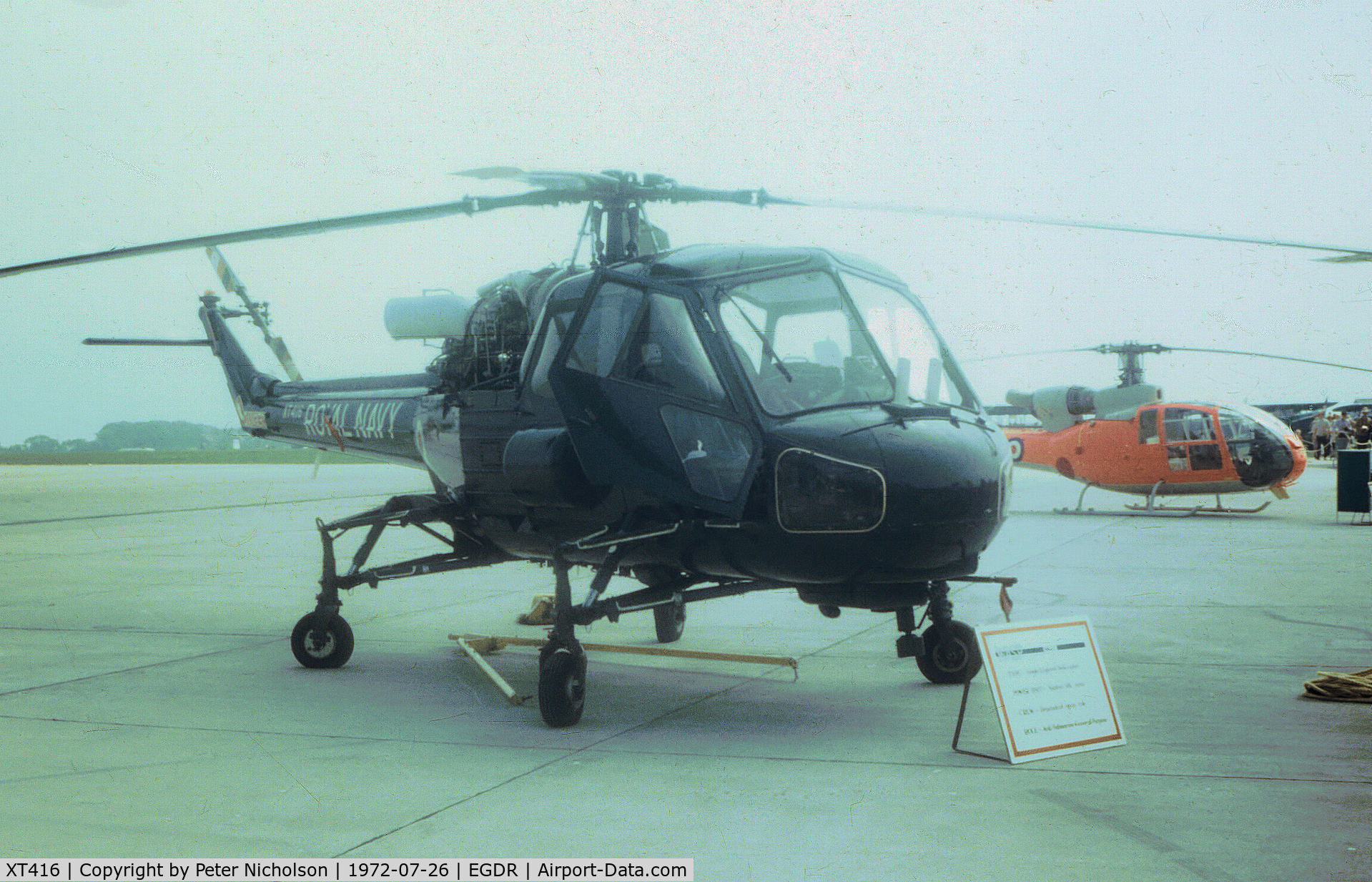 XT416, 1964 Westland Wasp HAS.1 C/N F9586, Westland Wasp HAS.1 of 706 Squadron on display at the 1972 RNAS Culdrose Airshow.