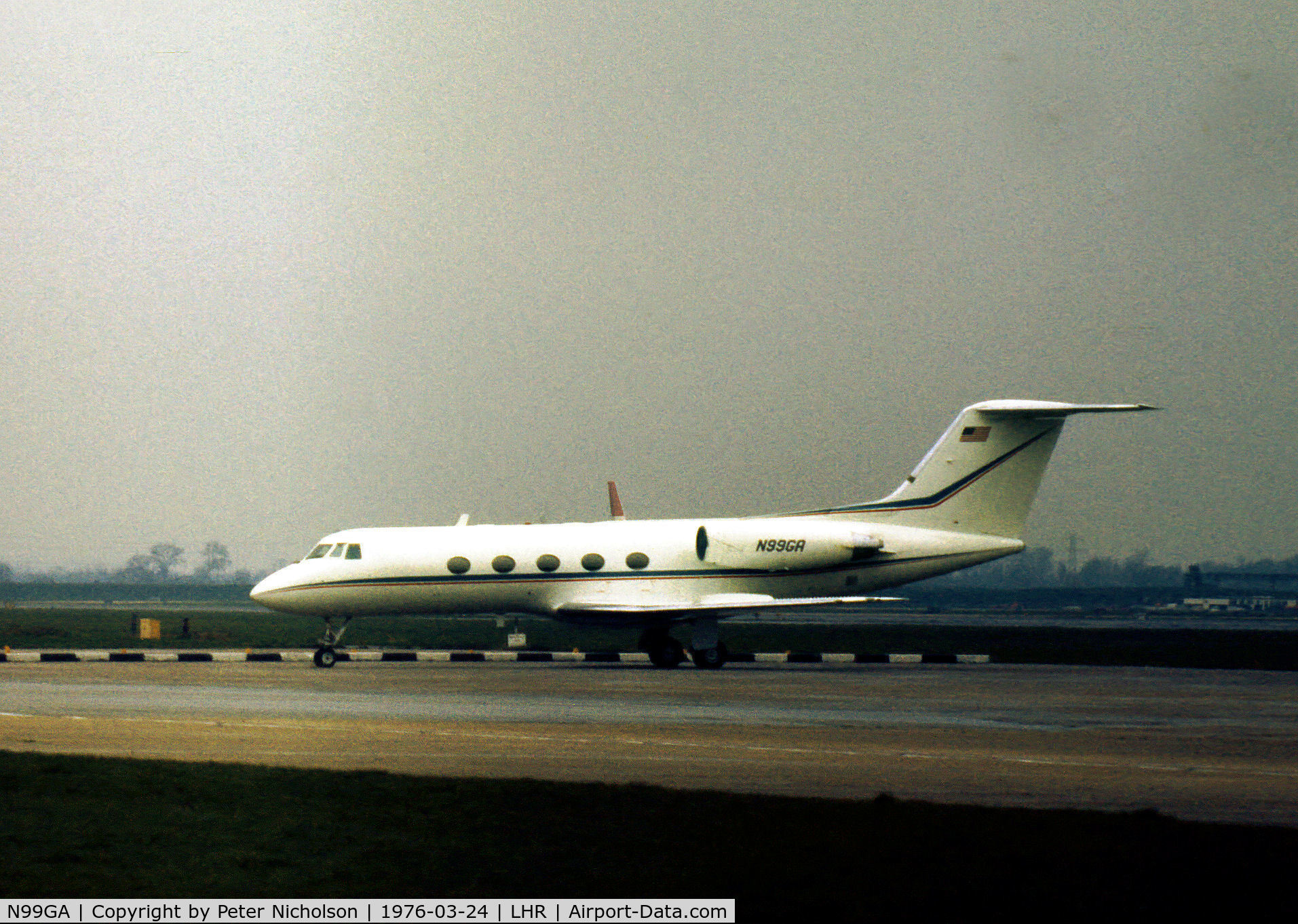 N99GA, 1971 Grumman G-1159 Gulfstream II C/N 99, Gulfstream II of the Greyhound Armour & Company as seen at Heathrow in the Spring of 1976.