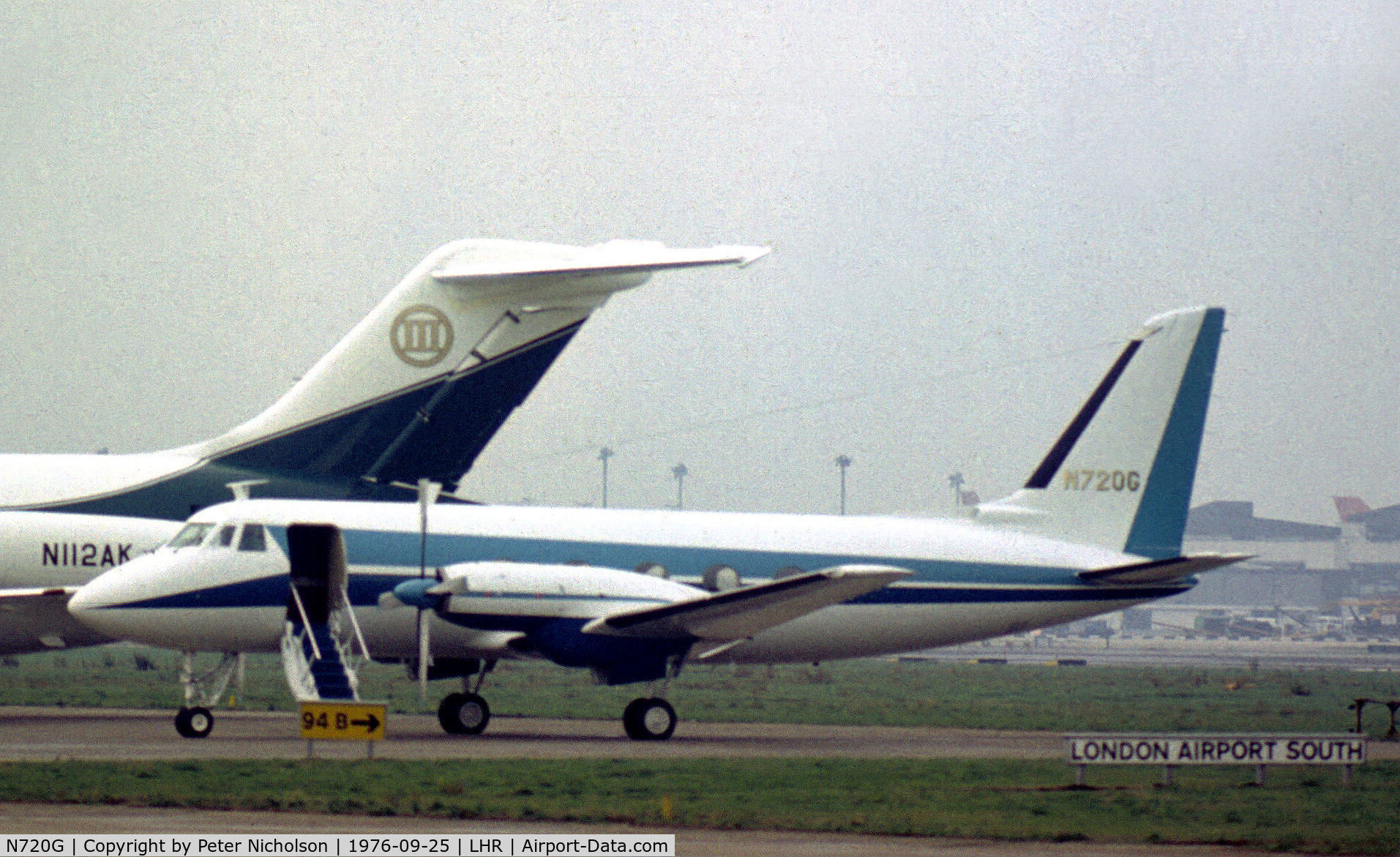 N720G, 1964 Grumman G-159 Gulfstream 1 C/N 143, ITT Corporation's Gulfstream I based in Brussels parked at Heathrow in September 1976.
