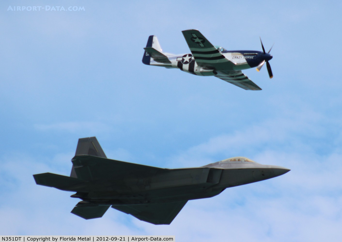 N351DT, 1944 North American P-51D Mustang C/N 122-41042, Crazy Horse 2 with F-22 over Cocoa Beach