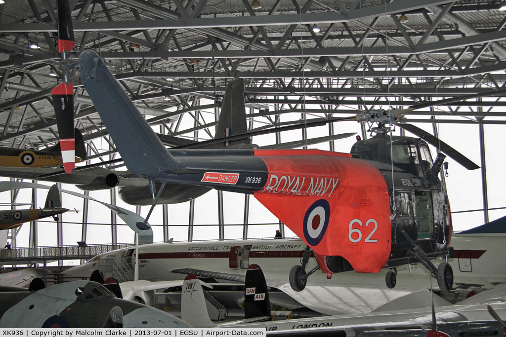 XK936, 1957 Westland Whirlwind HAS.7 C/N WA163, Suspended from the roof in AirSpace, Imperial War Museum Duxford, July 2013.