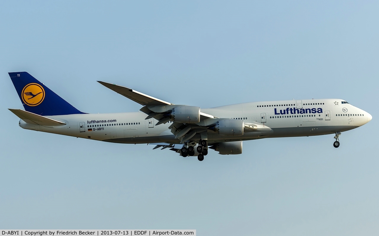D-ABYI, 2013 Boeing 747-830 C/N 37833, on final at Frankfurt