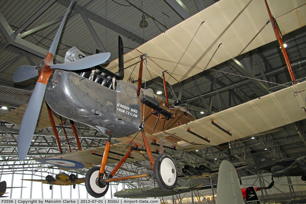 F3556, 1918 Royal Aircraft Factory RE-8 C/N Not found F3556, Royal Aircraft Factory RE-8. Suspended from the roof in AirSpace, Imperial War Museum Duxford, July 2013.