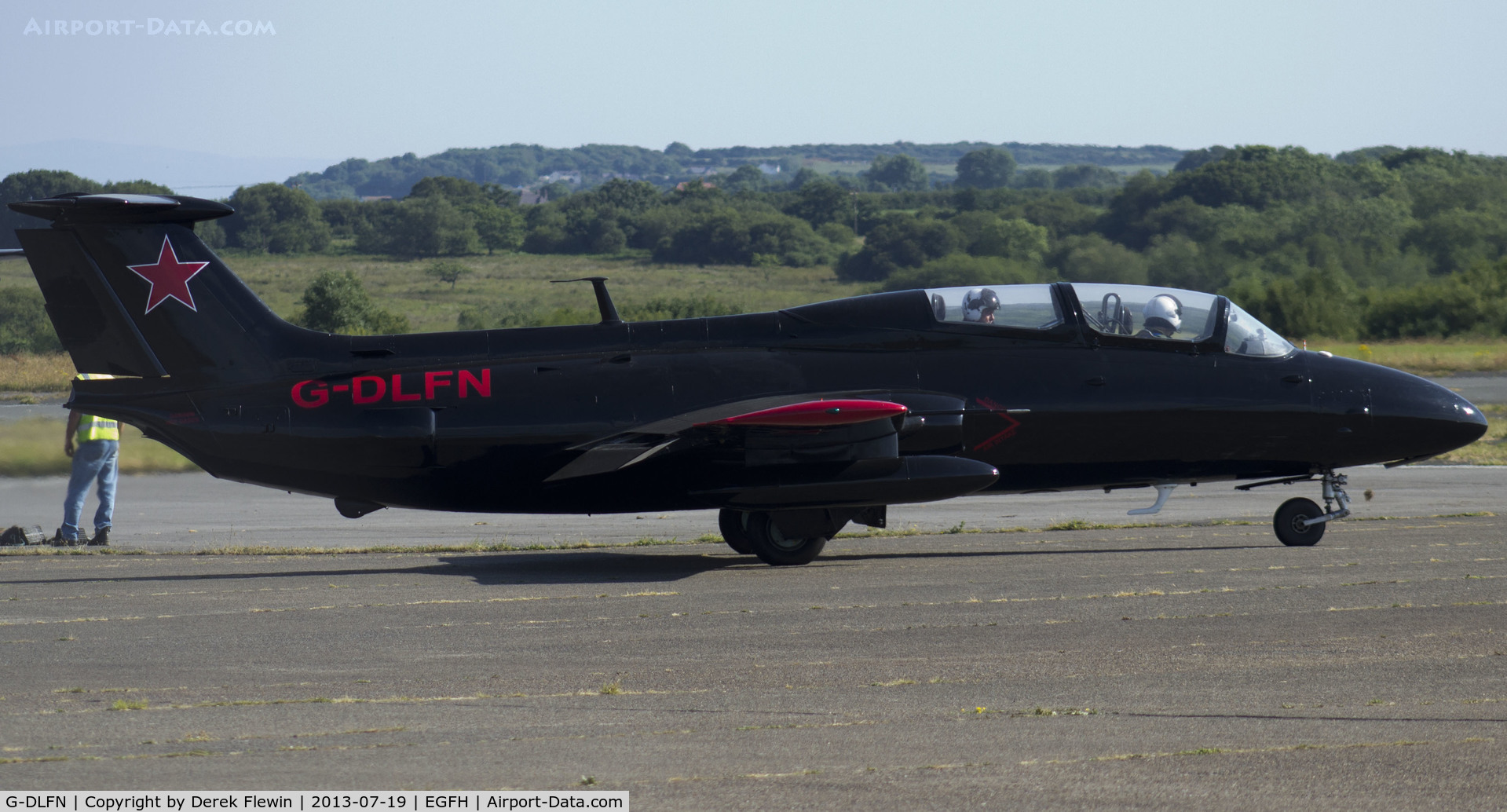 G-DLFN, 1972 Aero L-29 Delfin C/N 294872, Rebel 1, Aero L-29, taxiing out for take off on runway 22 at EGFH for a 1800hrs arrival slot at RIAT at RAF Fairford.