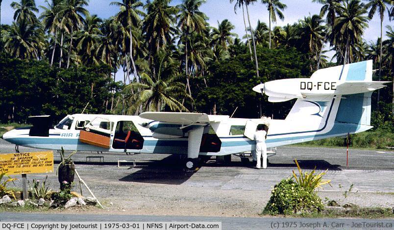 DQ-FCE, 1974 Britten-Norman BN-2A Mk.III-2 Trislander C/N 1004, Air Pacific Trilander on the apron at Savusavu airport on the Fijiian Island of Vanua Levu.
