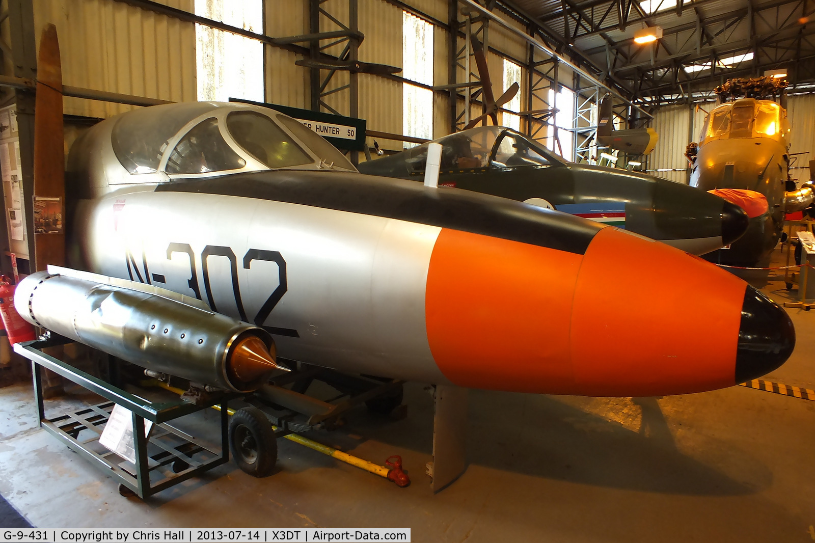 G-9-431, 1958 Hawker Hunter T.7 C/N HABL003318, painted in its original Royal Netherlands Air Force scheme and wearing the code N-302, preserved at the South Yorkshire Aircraft Museum, AeroVenture, Doncaster