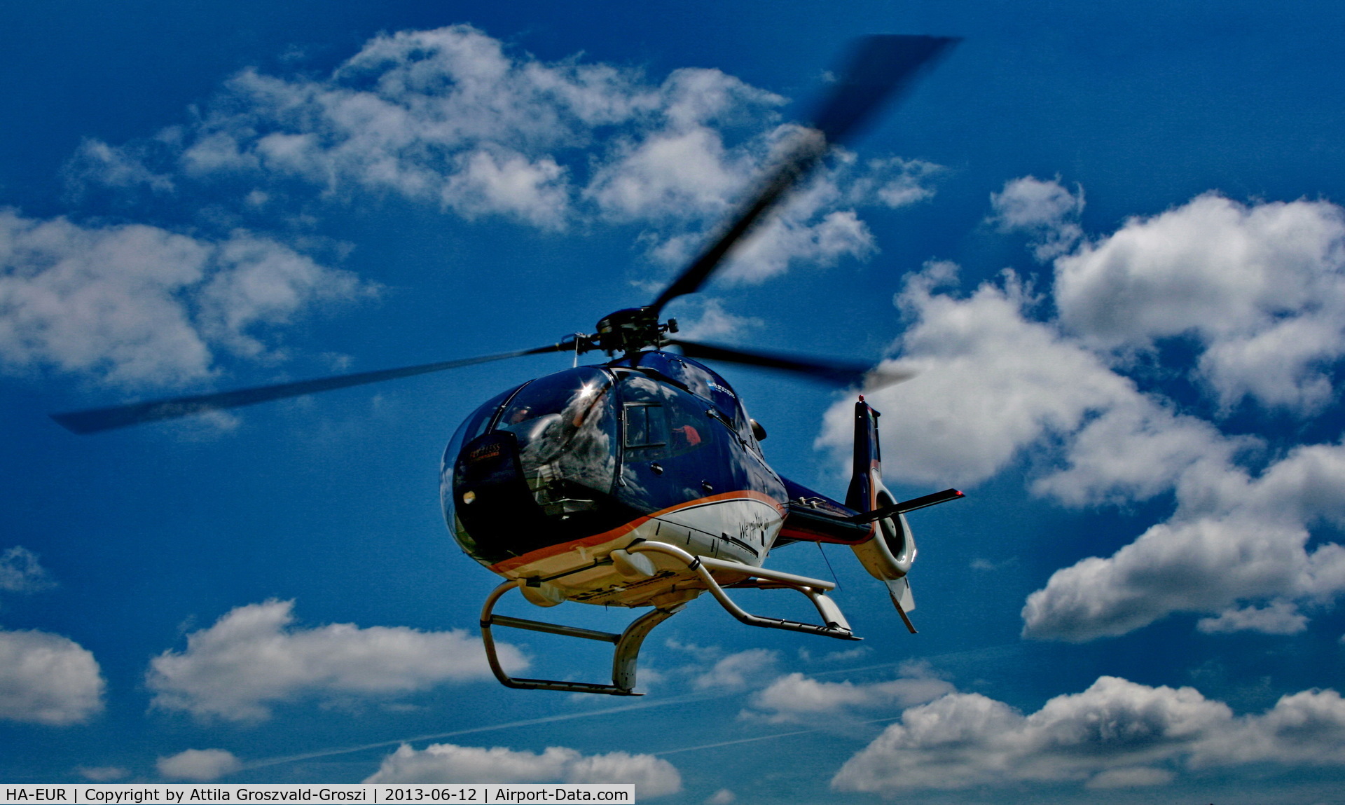 HA-EUR, 2000 Eurocopter EC-120B Colibri C/N 1095, Overhead power line inspection tour starts. Ajka city