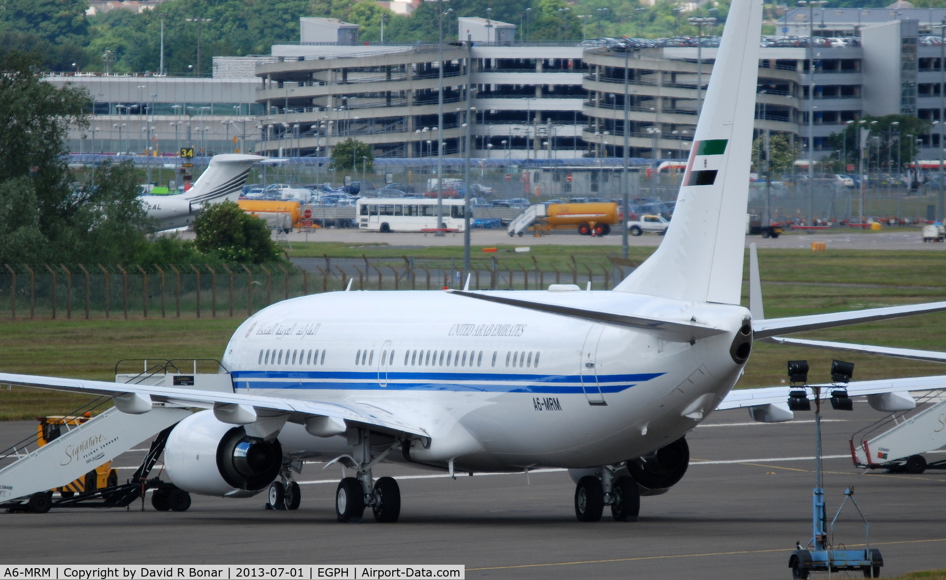A6-MRM, 2001 Boeing 737-8EC BBJ2 C/N 32450, Parked on Block 30 (remote parking) on a short visit with sister ship A6-MRS