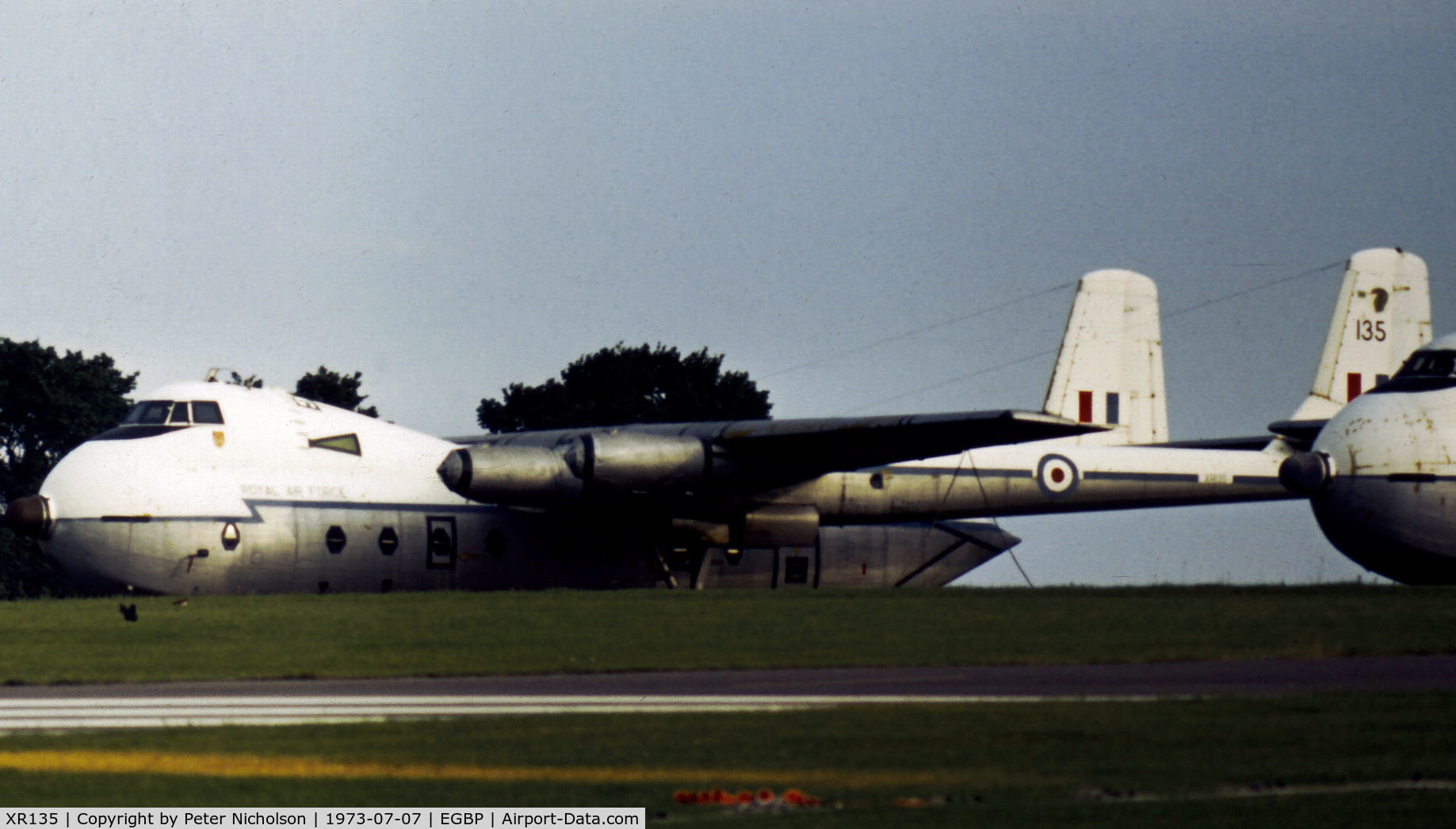 XR135, 1963 Armstrong Whitworth AW-660 Argosy C.1 C/N 6790, Argosy C.1 of 114 Squadron at RAF Benson retired from service and awaiting disposal at 5 Maintenance Unit, RAF Kemble in the Summer of 1973.