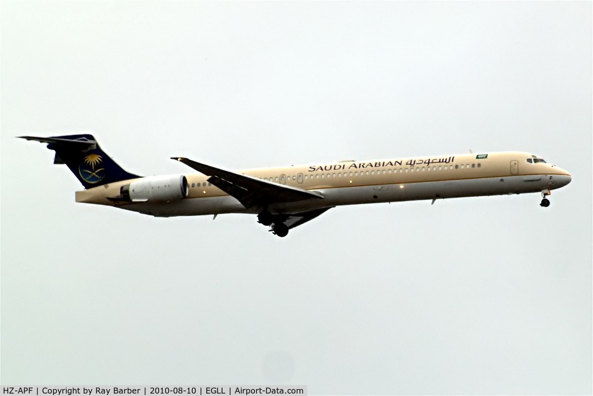 HZ-APF, 1998 McDonnell Douglas MD-90-30 C/N 53496, HZ-APF   McDonnell-Douglas MD-90-30 [53496] (Saudi Arabian Airlines) Home~G 10/08/2010. On approach 27L