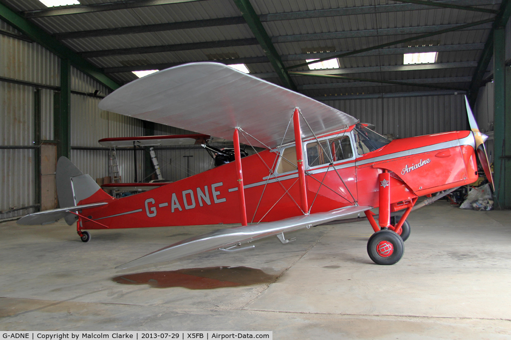 G-ADNE, 1936 De Havilland DH.87B Hornet Moth C/N 8089, De Havilland DH-87B Hornet Moth. Hangared overnight at Fishburn Airfield. July 2013.