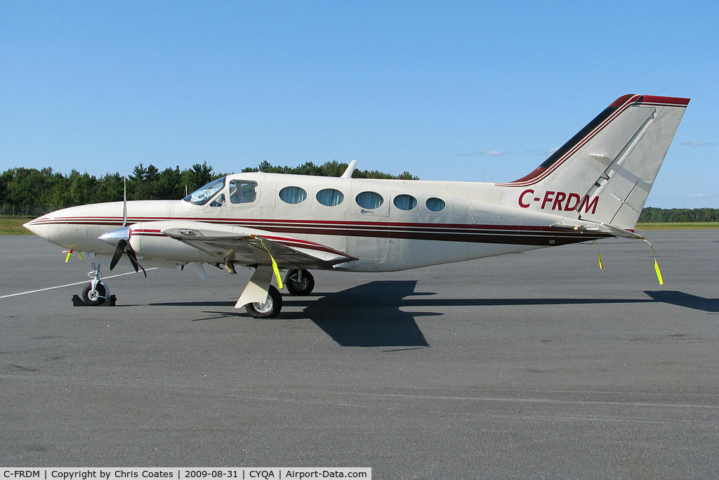 C-FRDM, 1985 Cessna 414A Chancellor C/N 414A1212, This cool Chancellor was visiting from busy Toronto to the south. It was resting on the main terminal ramp here at cool Muskoka Airport. This was the last Chancellor ever made & thus was given a special interior.