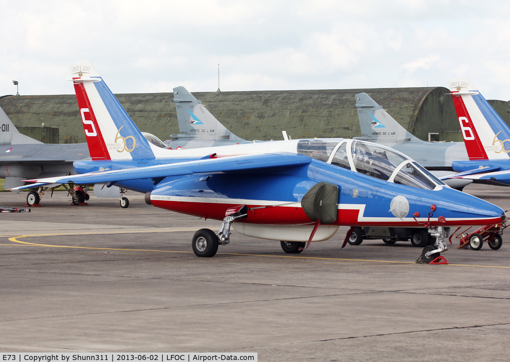 E73, Dassault-Dornier Alpha Jet E C/N E73, Now in full PdF c/s... Parked during LFOC Open Day 2013 before PdF Airshow... Additional 60th anniversary patch...