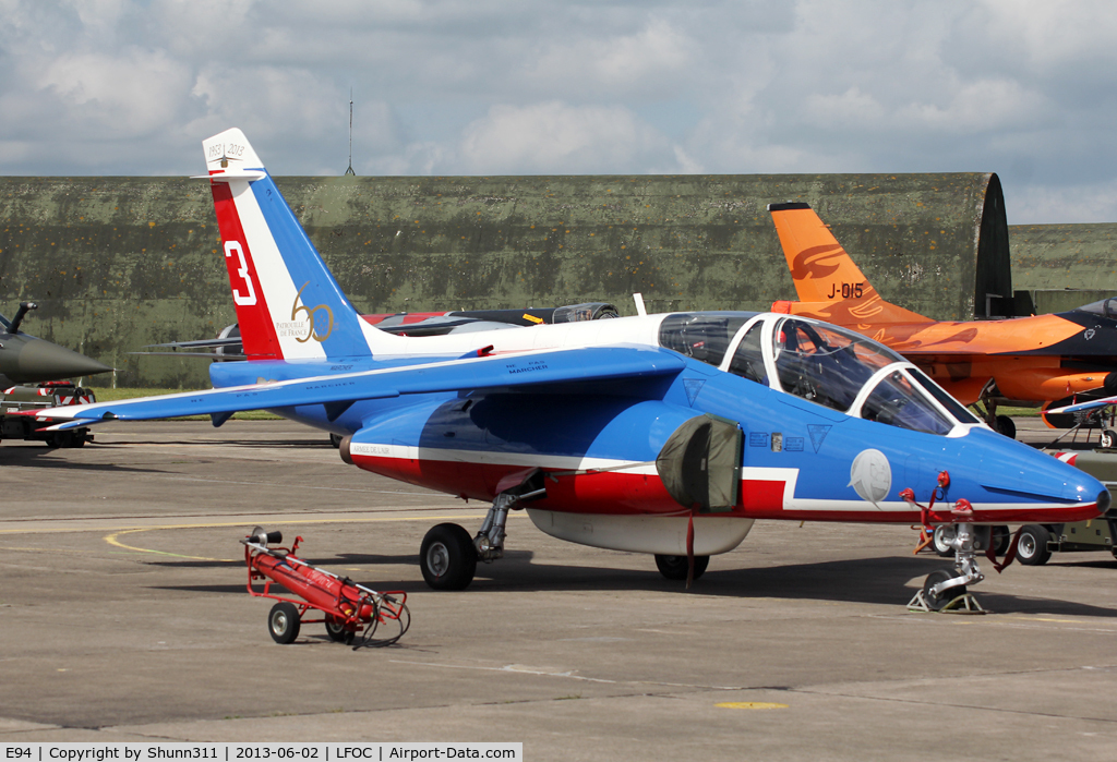 E94, Dassault-Dornier Alpha Jet E C/N E94, Parked during LFOC Open Day 2013 before PdF Airshow... Additional 60th anniversary patch...
