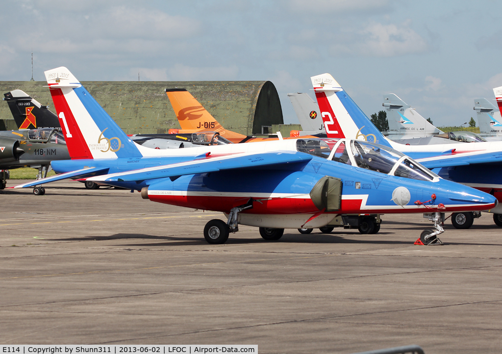 E114, Dassault-Dornier Alpha Jet E C/N E114, Parked during LFOC Open Day 2013 before PdF Airshow... Additional 60th anniversary patch...
