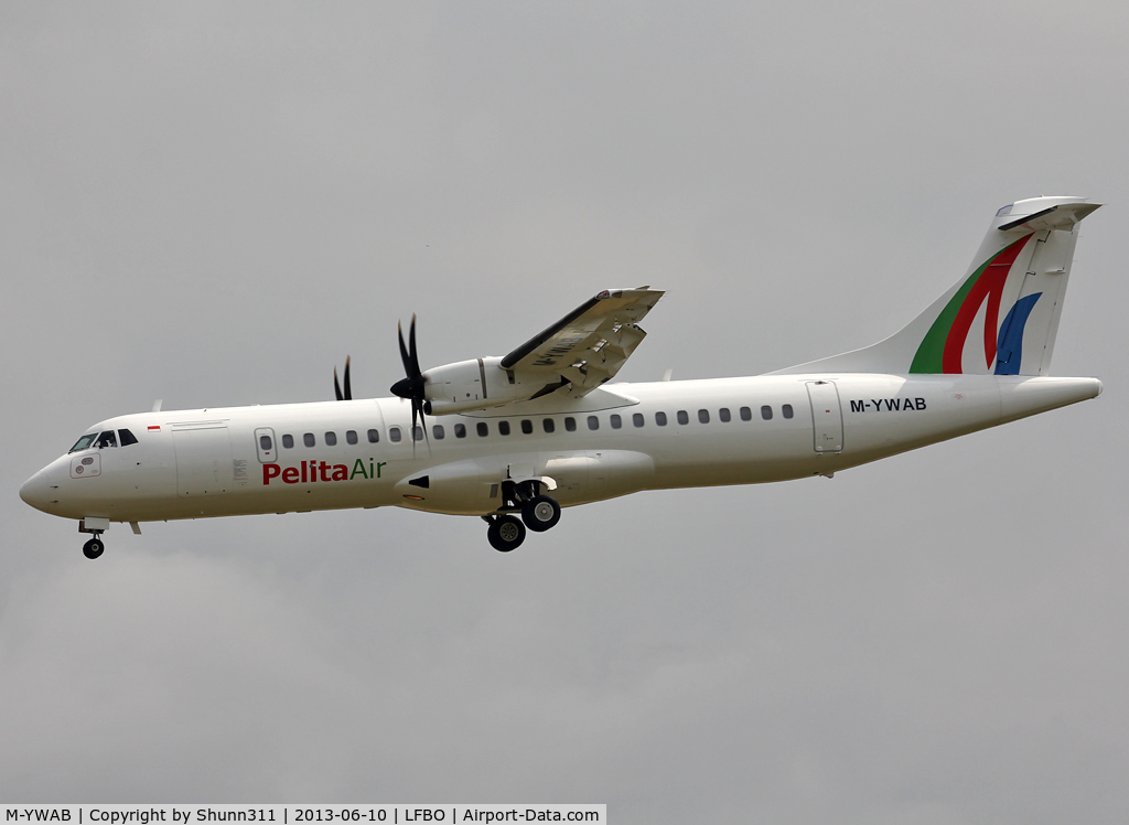 M-YWAB, 2007 ATR 72-212A C/N 746, Landing rwy 32L for during customer flight acceptance before delivery 2 days later... First ATR72 in new c/s for this company. Ex. Kingfisher as VT-KAH