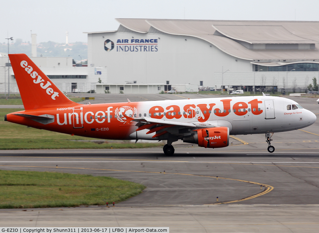 G-EZIO, 2005 Airbus A319-111 C/N 2512, Landing rwy 14R in UNICEF c/s