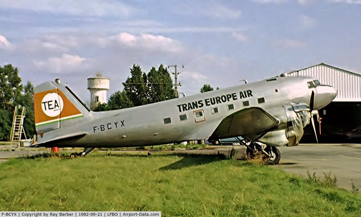 F-BCYX, 1943 Douglas DC-3C-S1C3G (C-47A) C/N 10144, Douglas DC-3C-47A-50-DL Skytrain [10144] (Petrole et Transports) Toulouse-Blagnac~F 21/09/1982. Image taken from a slide.