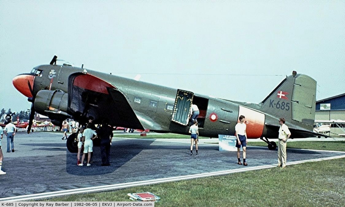K-685, Douglas C-47A Skytrain C/N 19291, Douglas DC-3C-47A-70-DL Skytrain [19291] (Royal Danish Air Force) Stauning~OY 05/06/1982. Image taken from a slide.