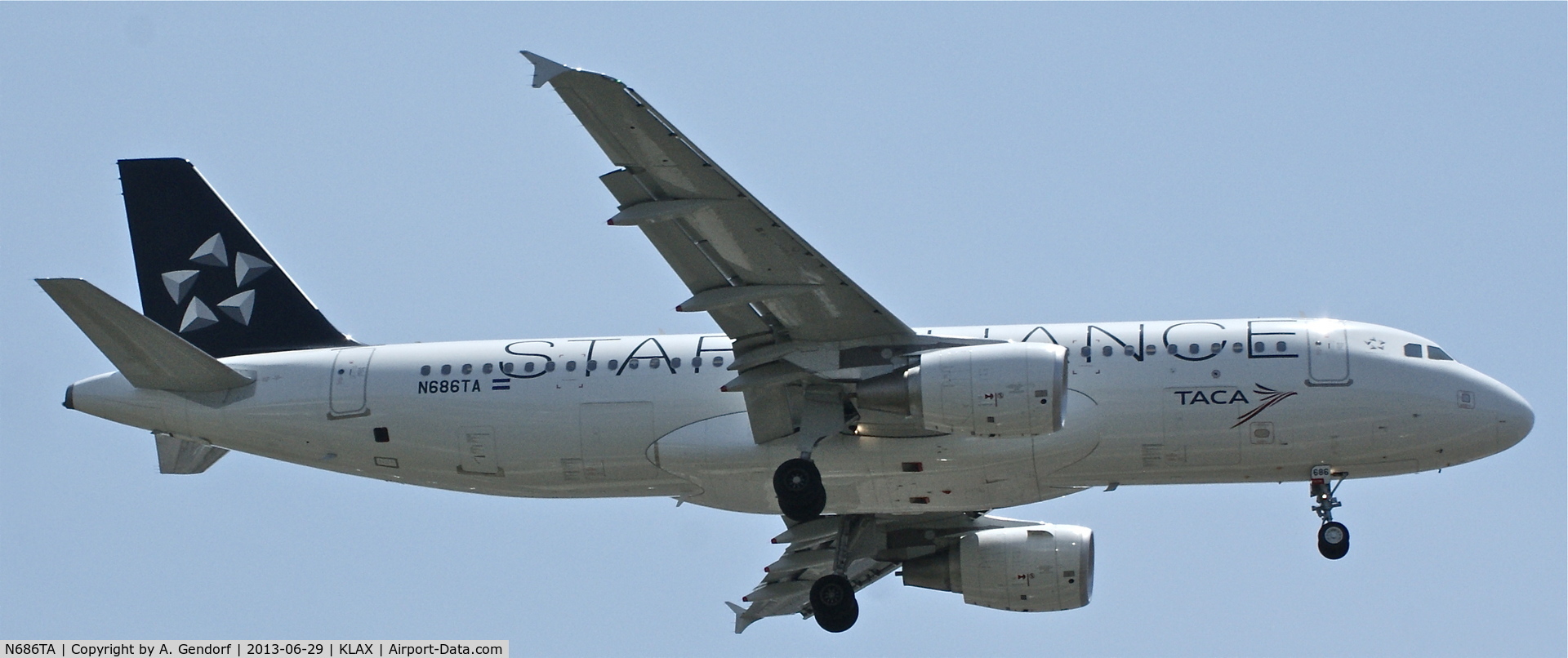 N686TA, 2012 Airbus A320-214 C/N 5238, TACA (Star Alliance cs.), is landing at Los Angeles Int´l(KLAX), bound from San Salvador(MSLP)