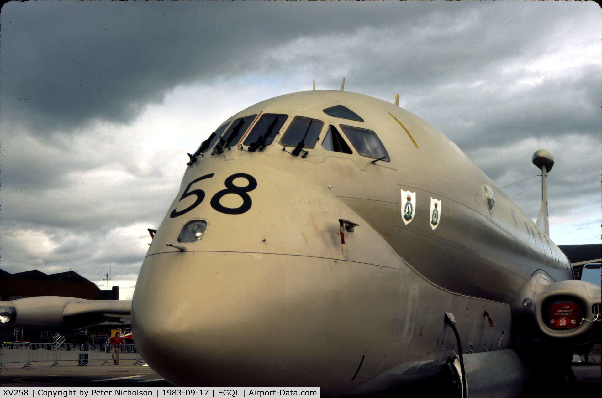 XV258, Hawker Siddeley Nimrod MR.1 C/N 8033A, Nimrod MR.1 of the Kinloss Maritime Wing on display at the 1983 RAF Leuchars Airshow.