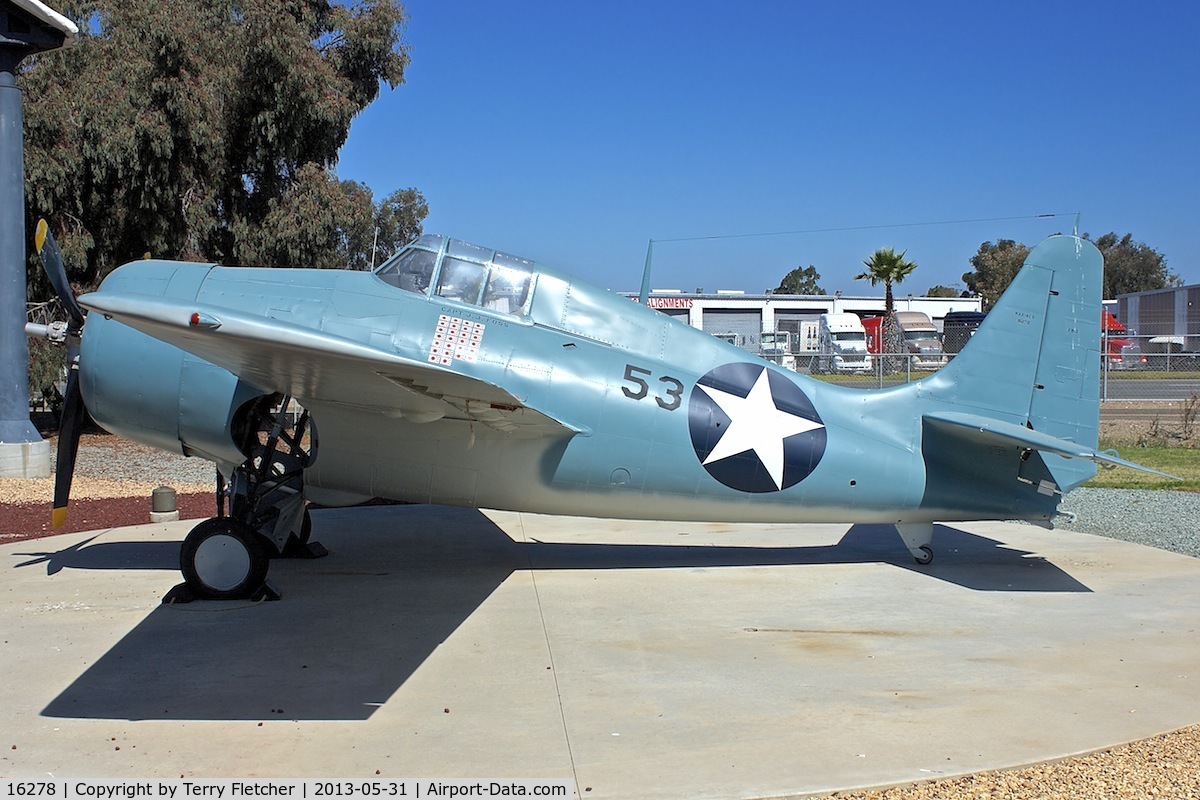 16278, General Motors FM-2 Wildcat C/N 1477, Ditched in Lake Michigan Jun 26, 1945 and salvaged early 1990s. In 1997 was displayed at National Museum of Naval Aviation.  Now on display at Flying Leathernecks Museum ,Miramar, San Diego ,CA