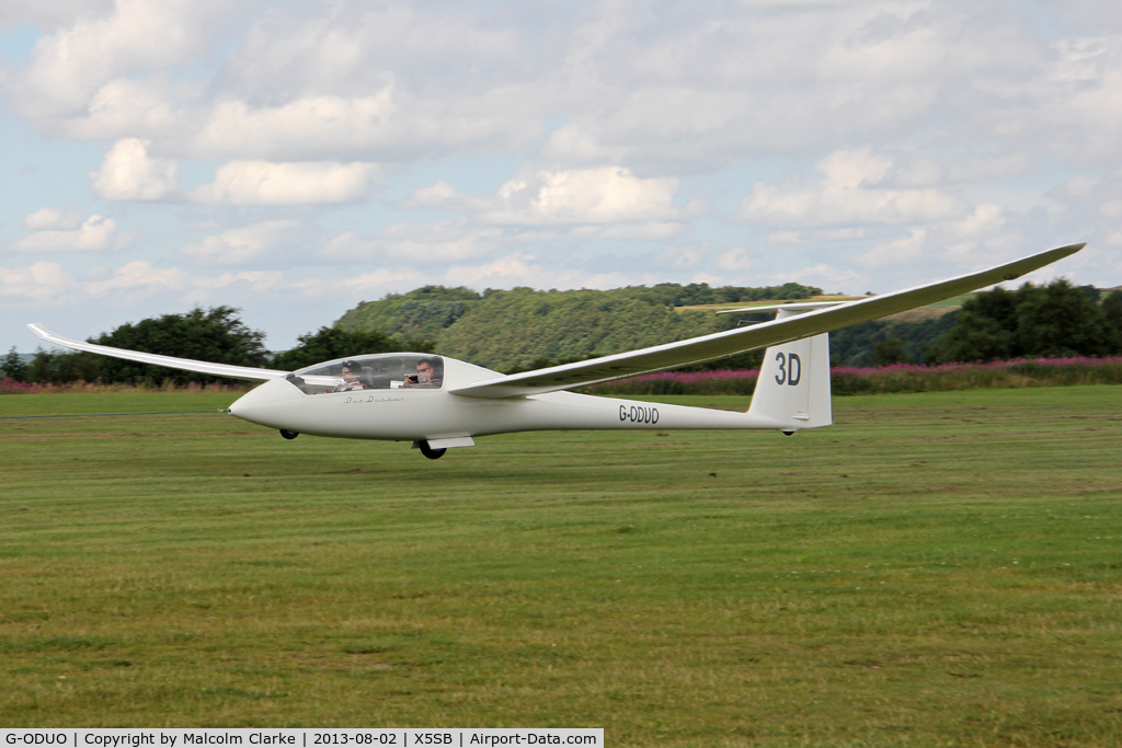 G-ODUO, Schempp-Hirth Duo Discus C/N 29, Schempp-Hirth Duo Discus being launched for a cross country flight during The Northern Regional Gliding Competition, Sutton Bank, North Yorks, August 2nd 2013.