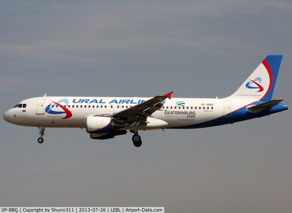 VP-BBQ, 2004 Airbus A320-214 C/N 2278, Landing rwy 25R with additional 'Ekaterinburg WorldExpo 2020 Candidate city' titles