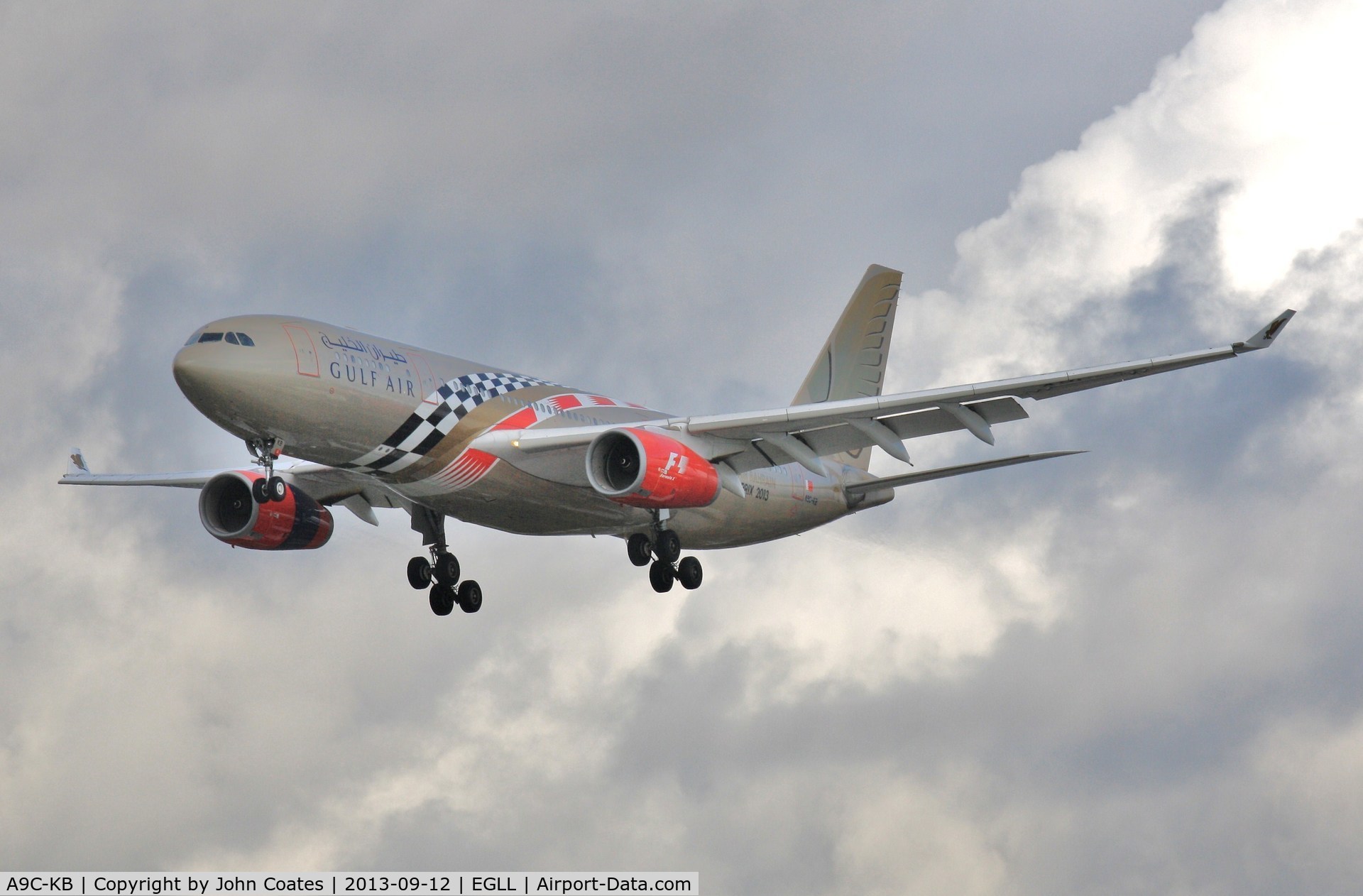 A9C-KB, 1999 Airbus A330-243 C/N 281, On approach to 27R with Bahrain Grand Prix 2013 logos.