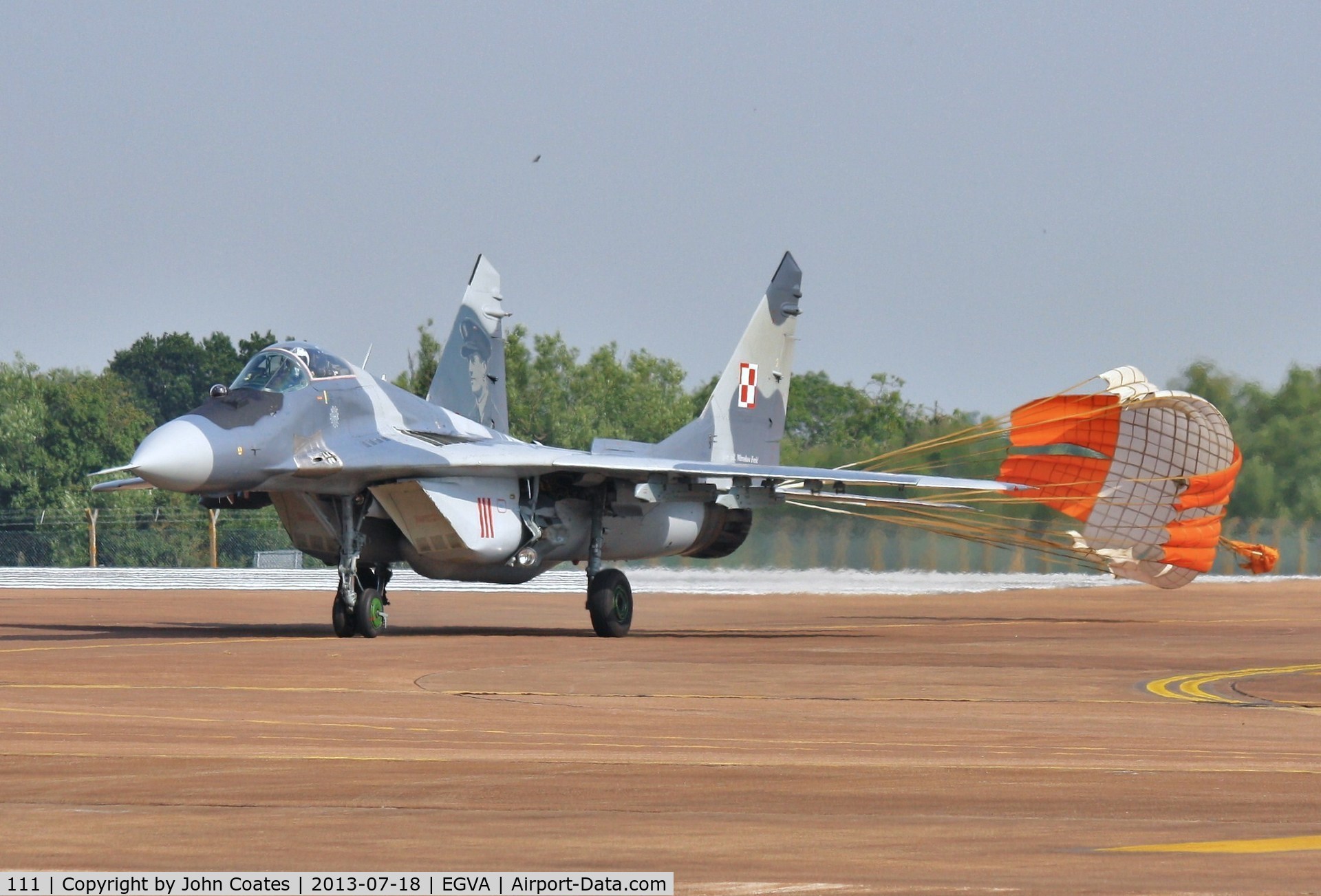 111, Mikoyan-Gurevich MiG-29A C/N 35111, About to shed its chute after practise for RIAT 2013
