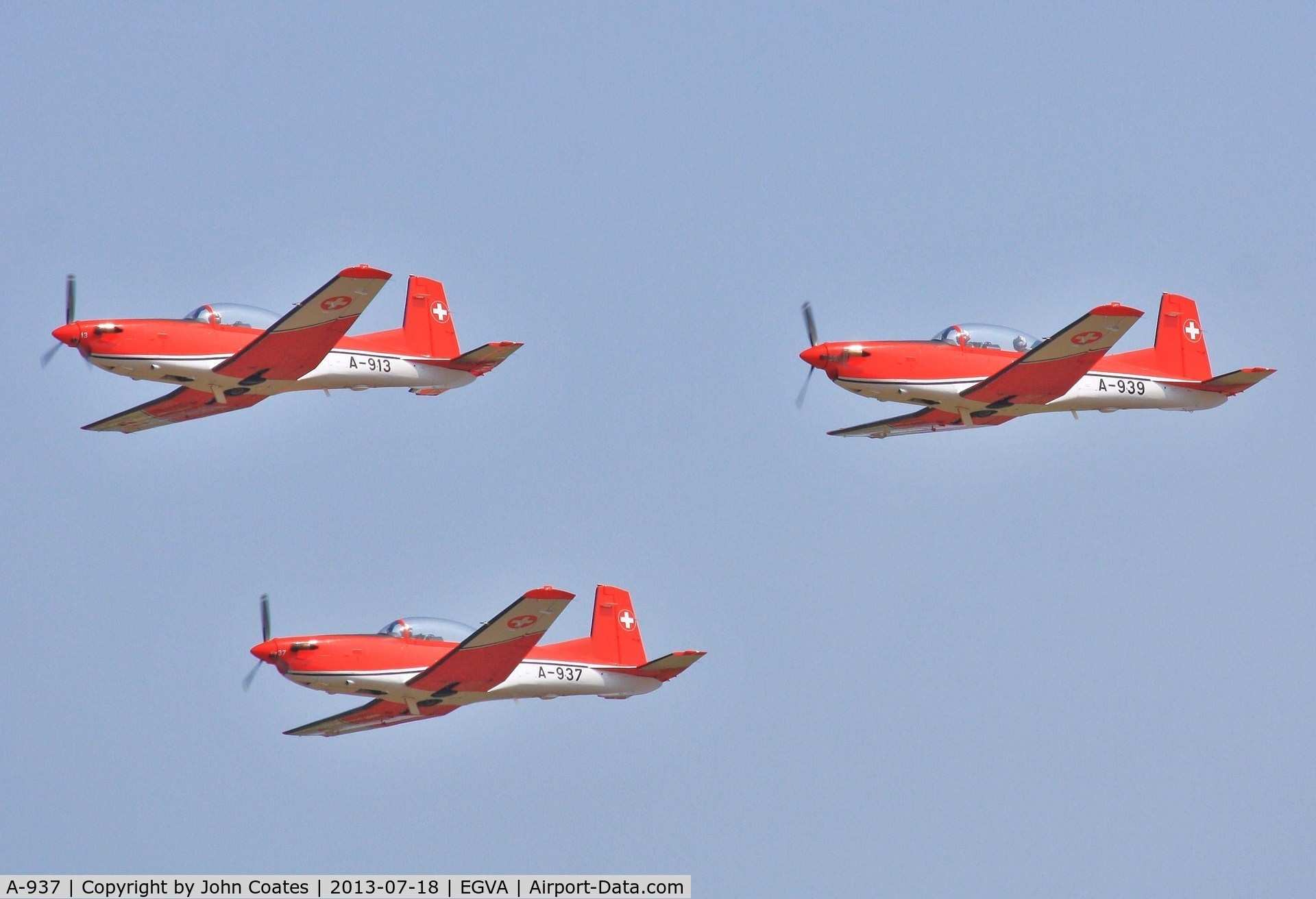 A-937, 1983 Pilatus PC-7 Turbo Trainer C/N 345, Arriving at RIAT with A-913 and A-939 Swiss Team PC7s.