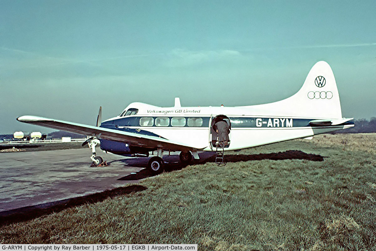 G-ARYM, 1962 De Havilland DH-104 Dove 8 C/N 04529, De Havilland DH.104 Dove 8 [04529] (Volswagen GB Limited) Biggin Hill~G 17/05/1975. Taken from a slide.