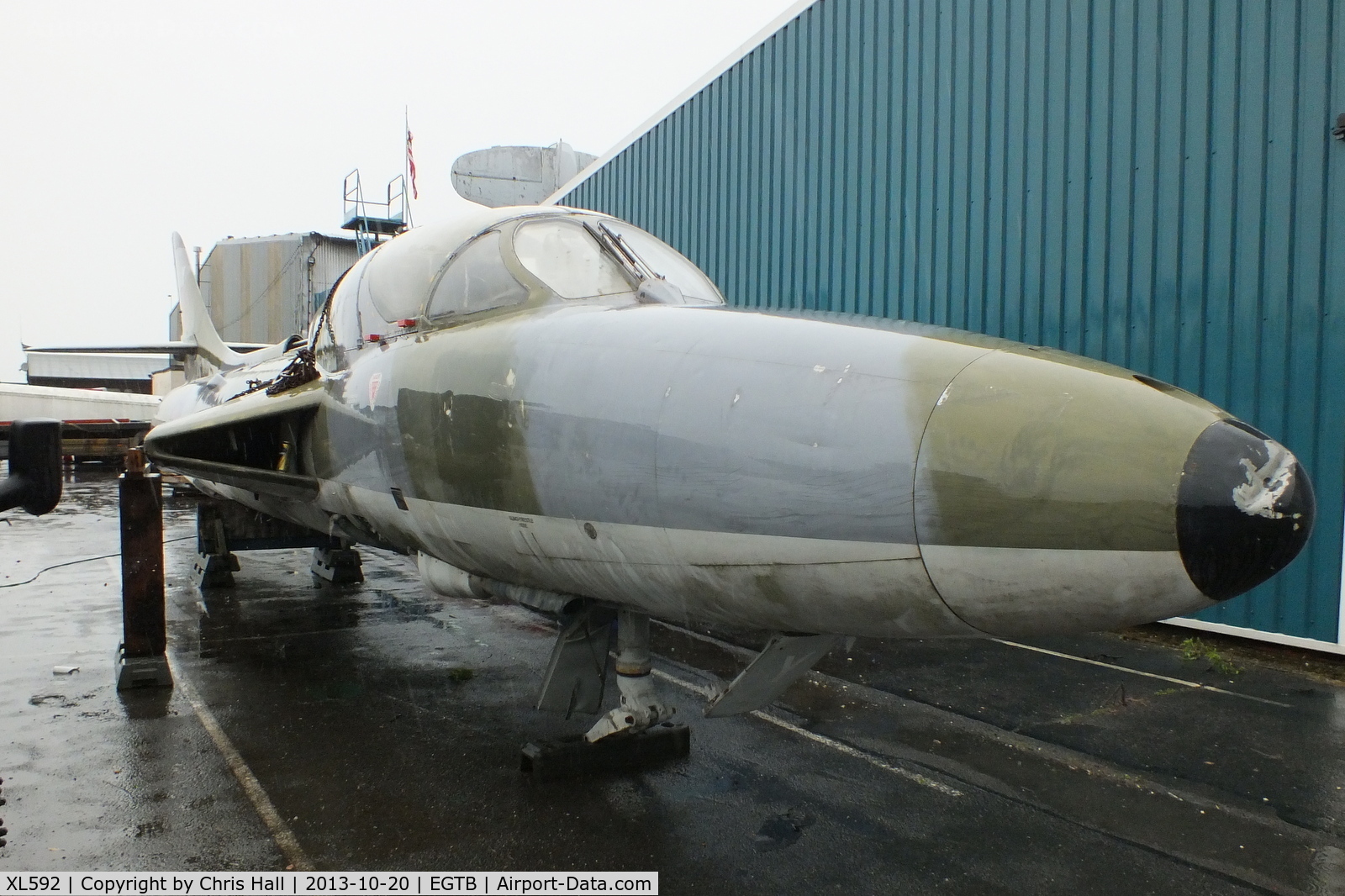 XL592, 1958 Hawker Hunter T.7 C/N 41H/693686, outside the Parkhouse Aviation yard at Booker