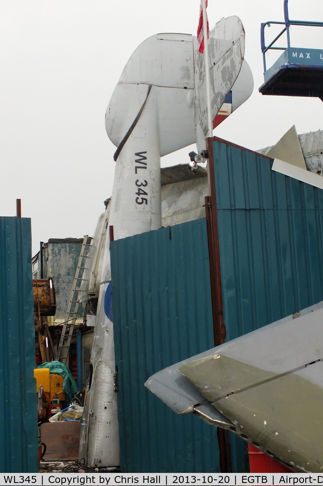 WL345, Gloster Meteor T.7 C/N Not found WL345, just the tailboom visible inside the Parkhouse Aviation yard at Booker