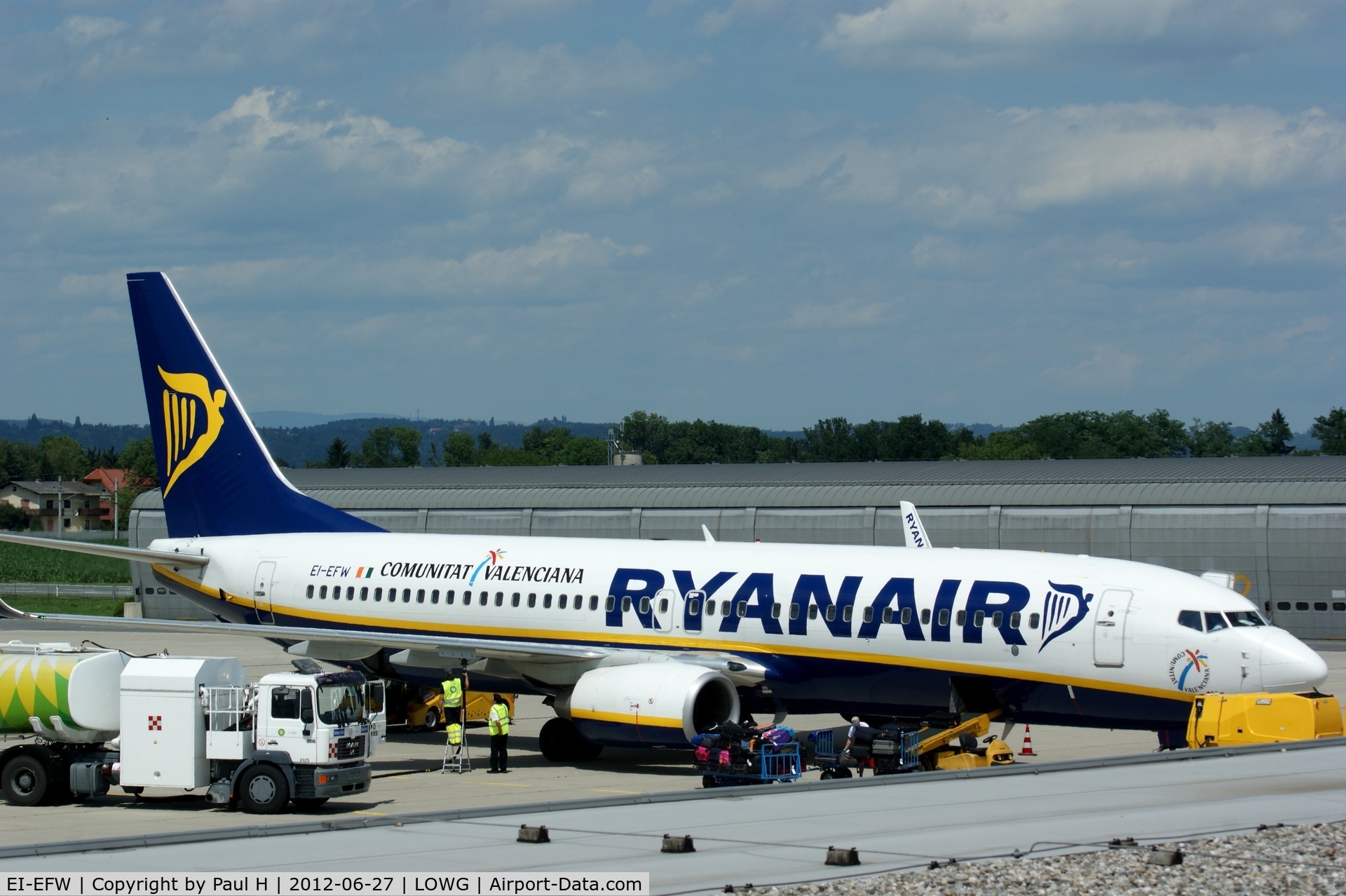 EI-EFW, 2009 Boeing 737-8AS C/N 35018, Ryanair B737 surrounded by loading and refuelling vehicles at LOWG, Graz