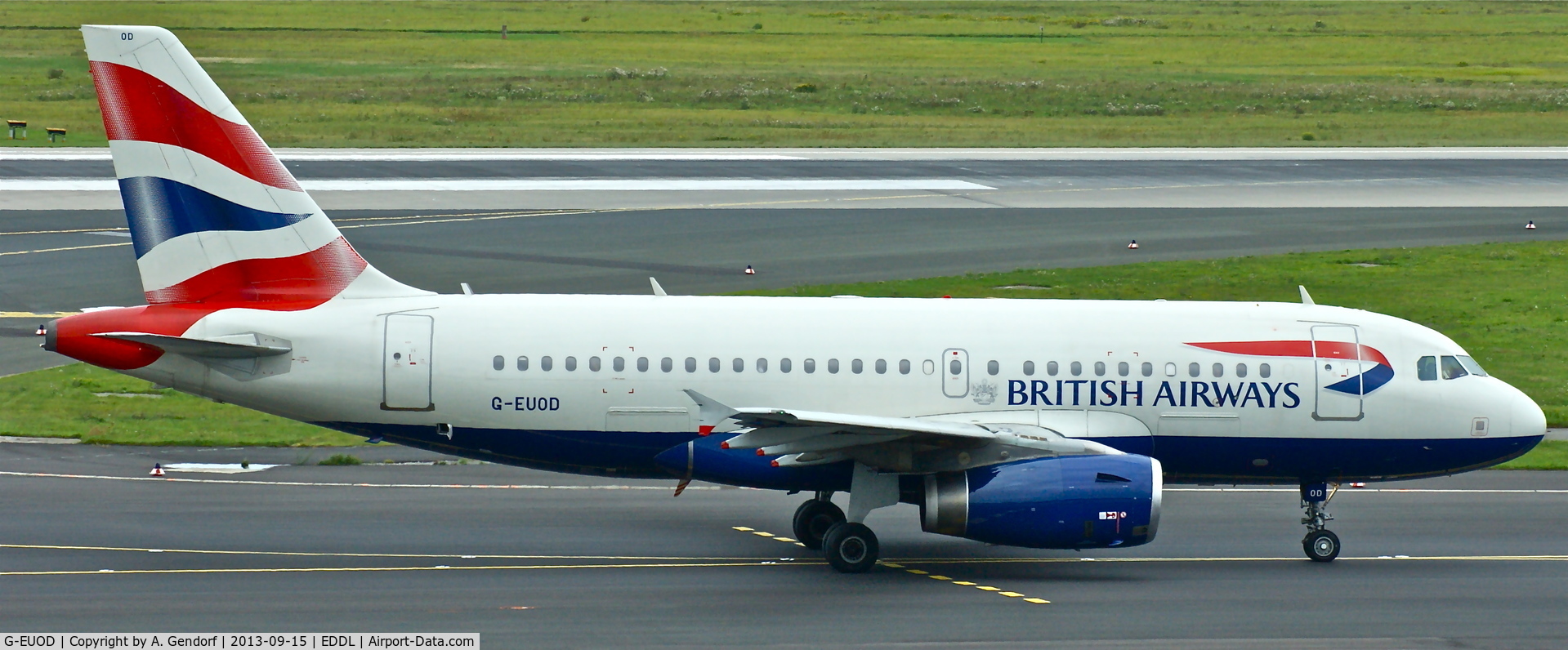 G-EUOD, 2001 Airbus A319-131 C/N 1558, British Airways, is here on the taxiway at Düsseldorf Int´l(EDDL)
