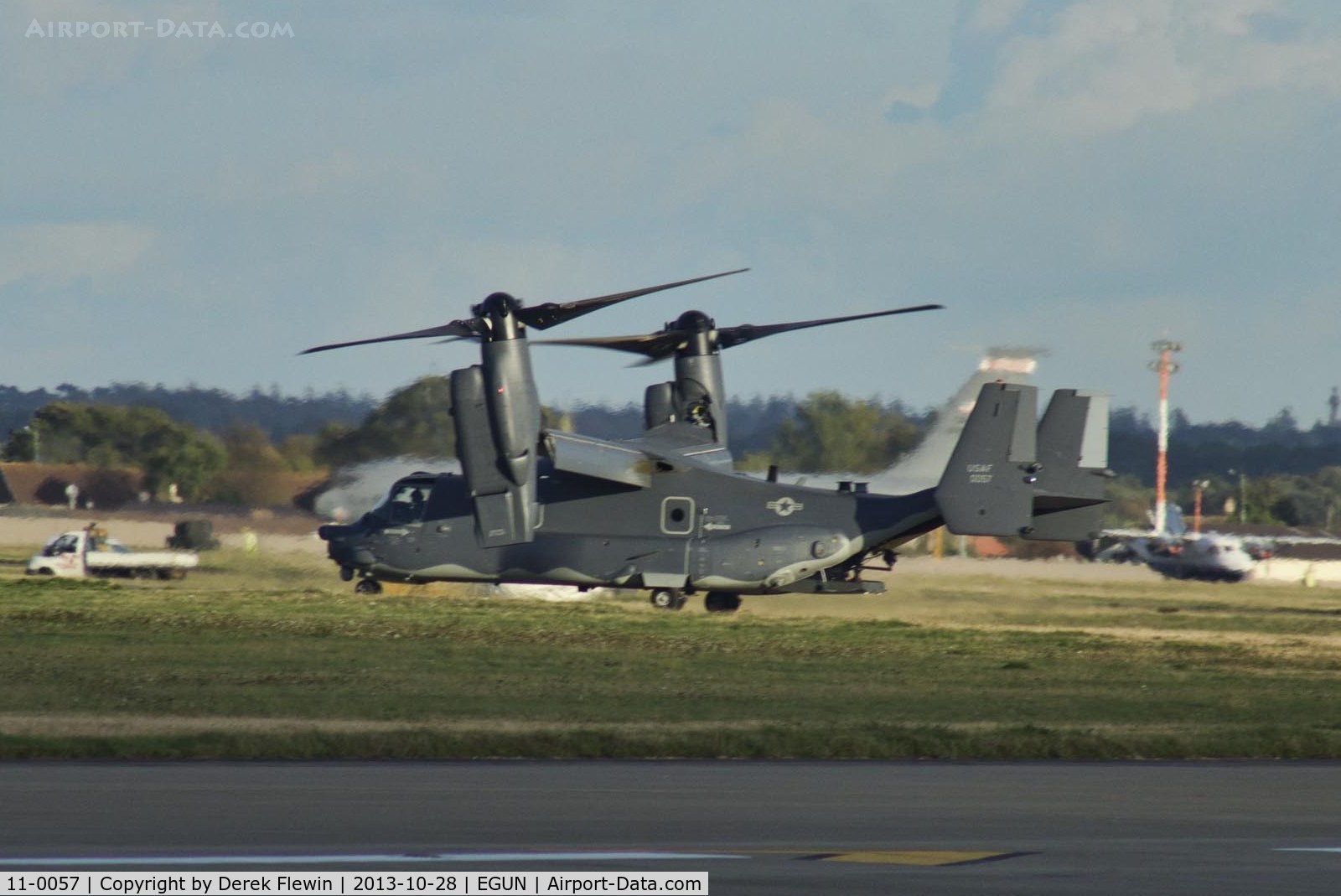 11-0057, 2011 Bell-Boeing CV-22B Osprey C/N D1038, Resident CV-22B Osprey returning to it's stand following a busy afternoon in the circuit at EGUN.