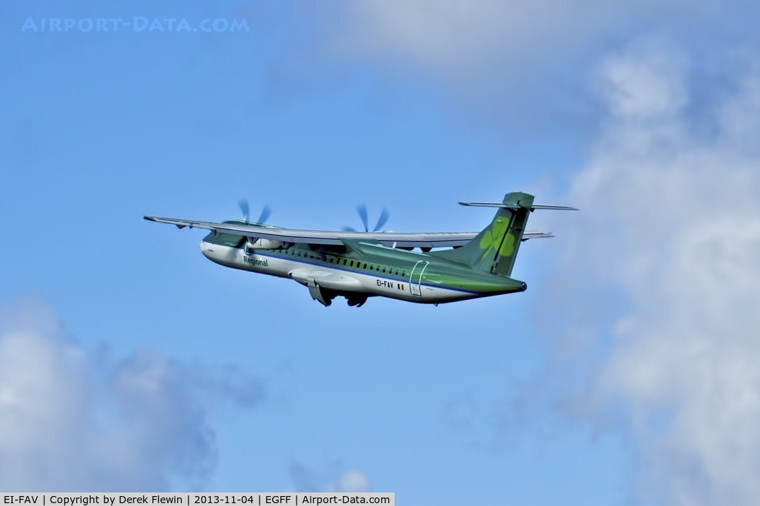 EI-FAV, 2013 ATR 72-600 (72-212A) C/N 1105, ATR 72-600, (St. Eithne) Arann 295, seen departing runway 12 at EGFF en-route to Dublin.