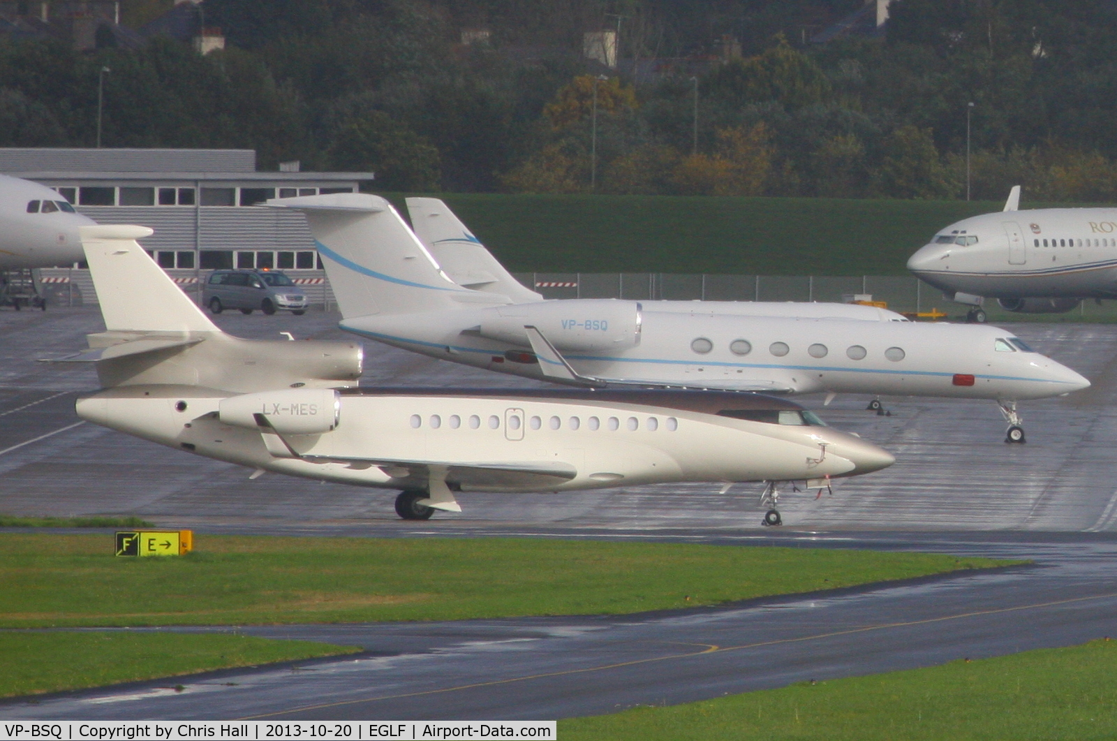 VP-BSQ, 2011 Gulfstream Aerospace GIV-X (G450) C/N 4246, parked behind Roman Abramovich's Falcon 7X