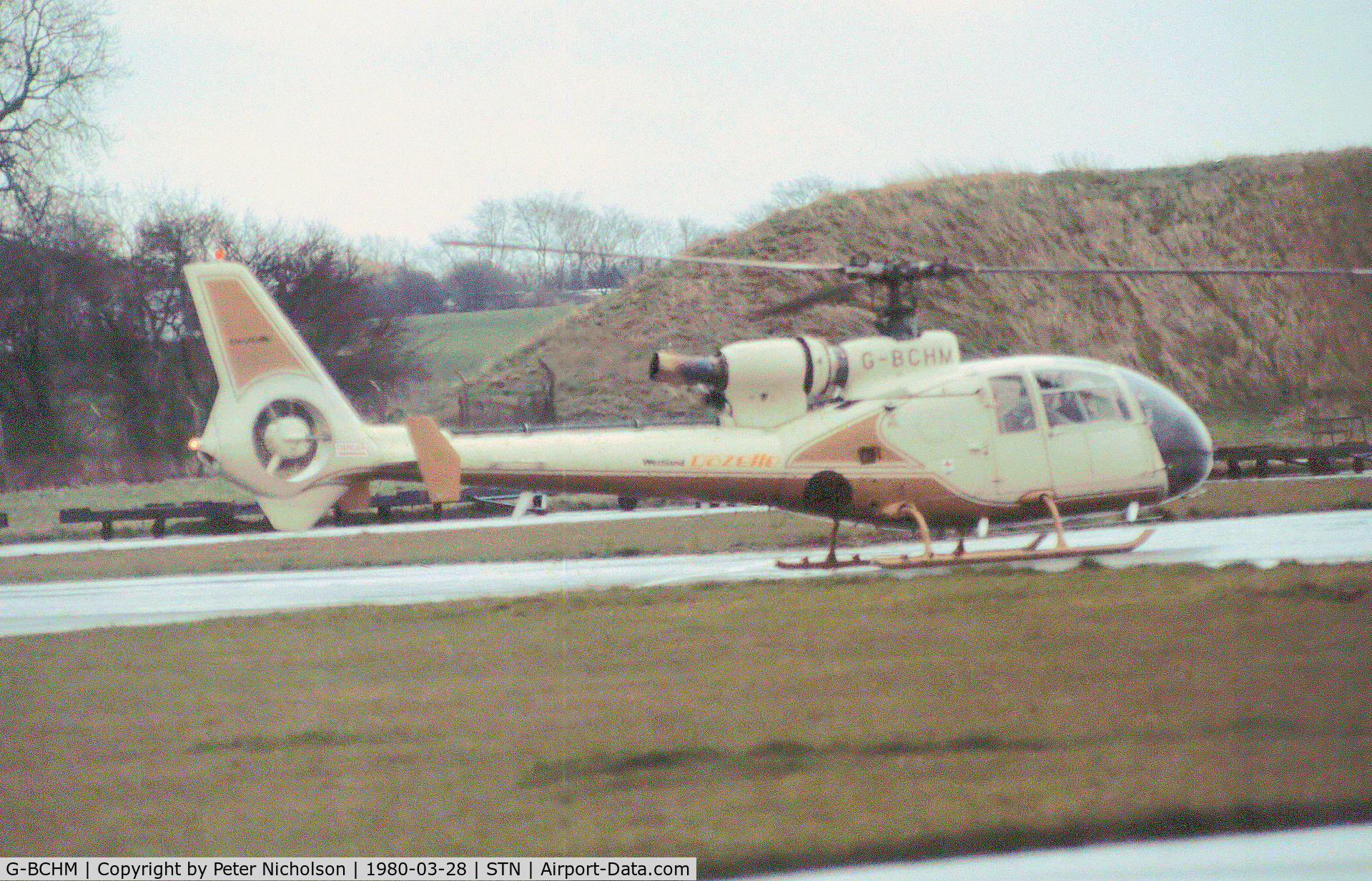 G-BCHM, 1974 Aerospatiale (Westland) SA-341G Gazelle C/N WA1168, SA-341G Gazelle of Westlands as seen at Stansted in March 1980.